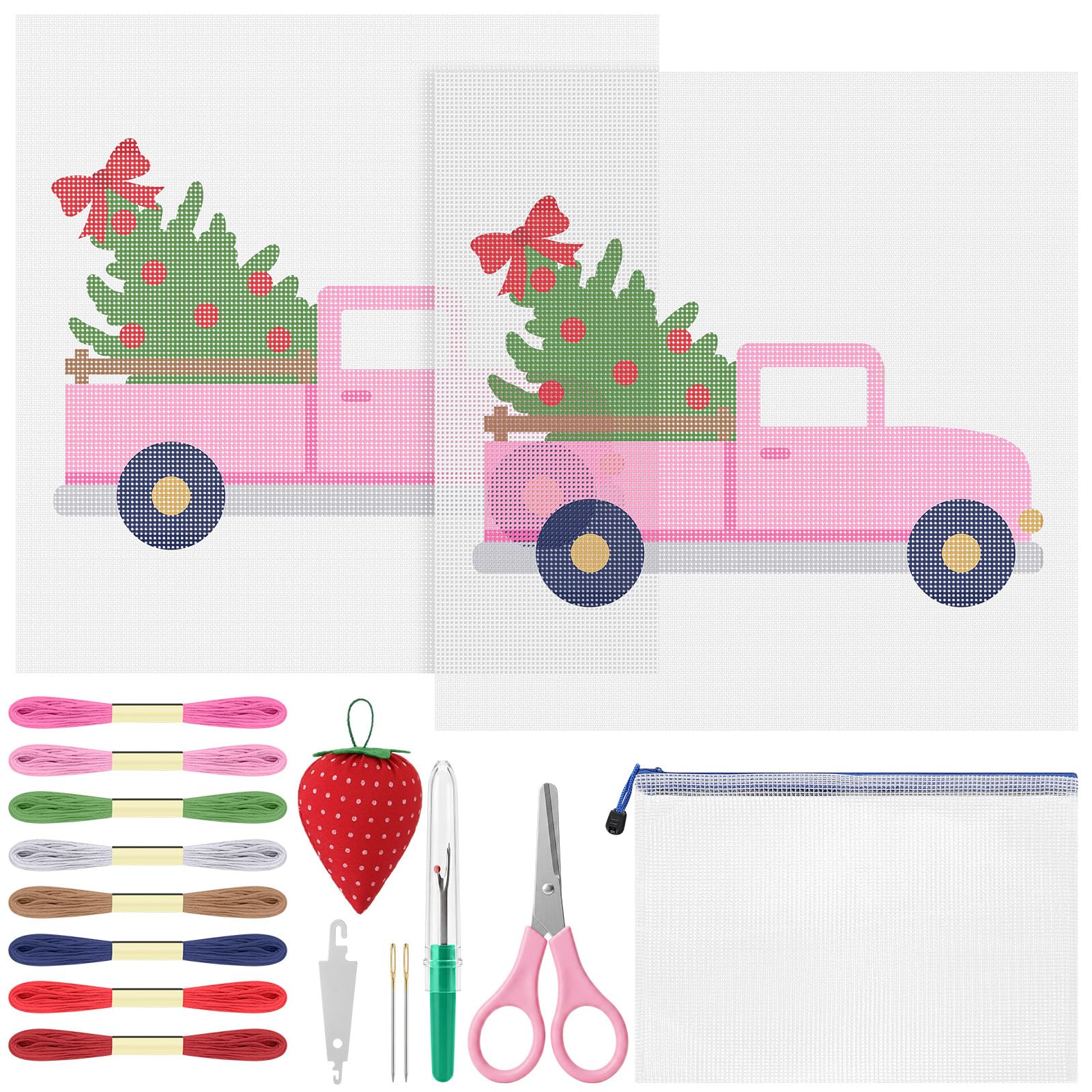 XunYee 24 Pcs Pink Christmas Truck Needlepoint Kit for Beginners Starters