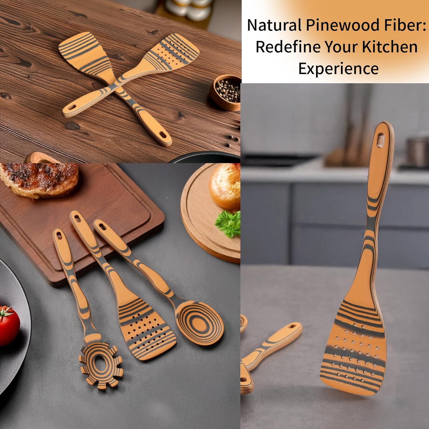 Professional Kitchen Wood Fiber Cooking Spoons|7-Piece Curved Handles Non-Scratch, Heat Resistant, Dishwasher Safe Wooden Utensil Set for Non-Stick Pans, Sauce Making, Stirring & Serving|Kitchen Gifts