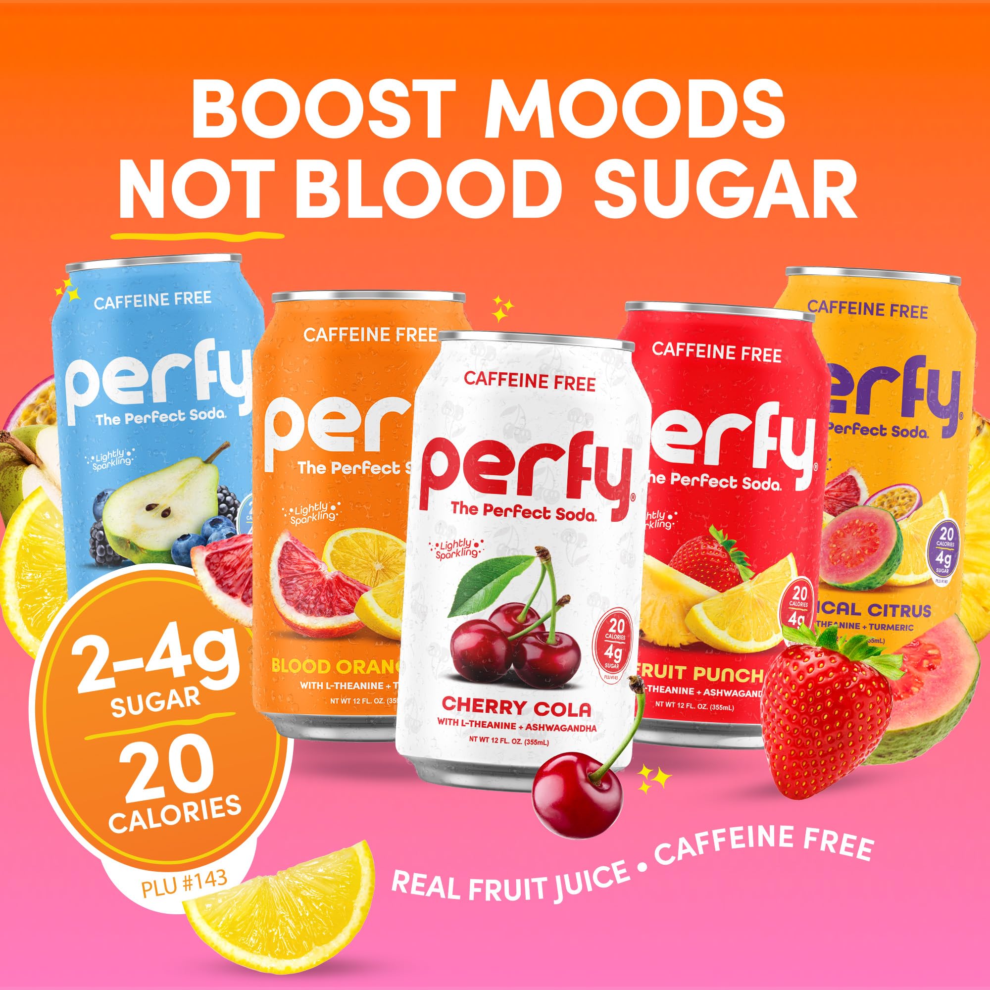 PERFY Caffeine Free Dr. Perfy Soda | Made With Real Fruit Juice - Low Sugar Nootropic Drink with L-Theanine + Ashwagandha | Calming Adaptogen Mocktail | Keto + GLP-1 Friendly | Sweetened with Stevia & Monk Fruit | (12-Pack Healthy Functional Soda...