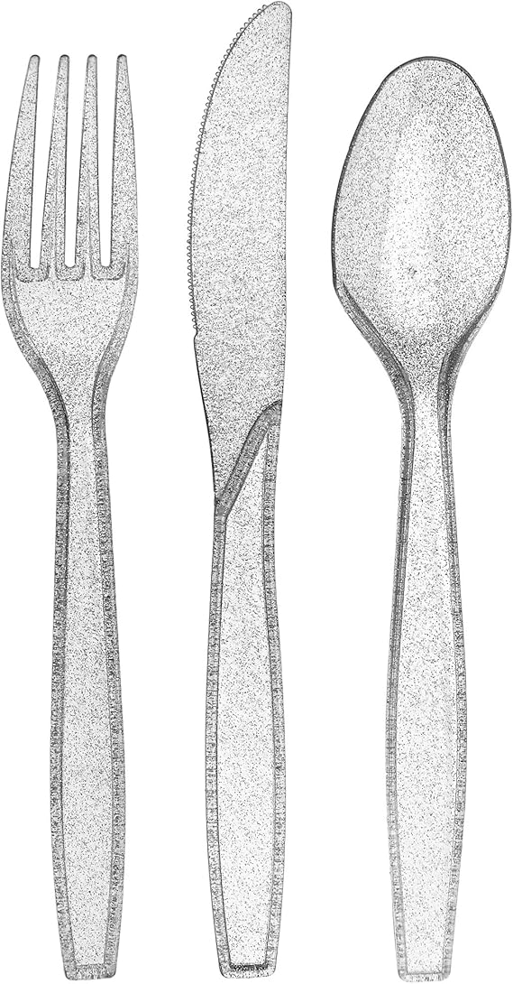 180 Plastic Silverware Set Silver Glitter Clear Plastic
