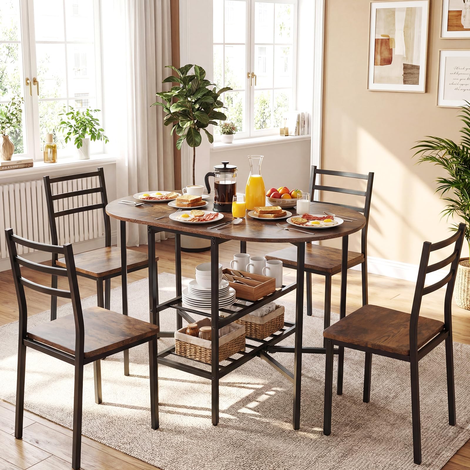 COSTWAY Mesa de Comedor Extensible, Mesa de Cocina Plegable con 2 Hojas Abatibles, 2 Estantes de Almacenamiento, Estructura de Metal, para Sala de Estar, Espacios Pequeños, 110 x 70 x 76 cm (Marrón)
