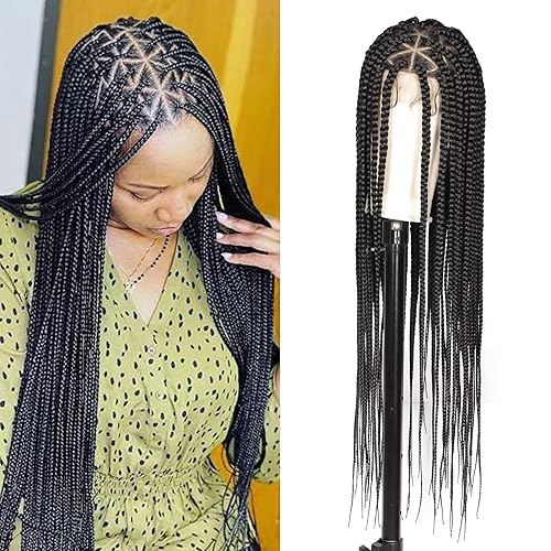 Lexqui Pelucas trenzadas de encaje completo de 36 pulgadas 360 HD con caja rizada bohemia con cabello de bebé, color marrón degradado, triángulo