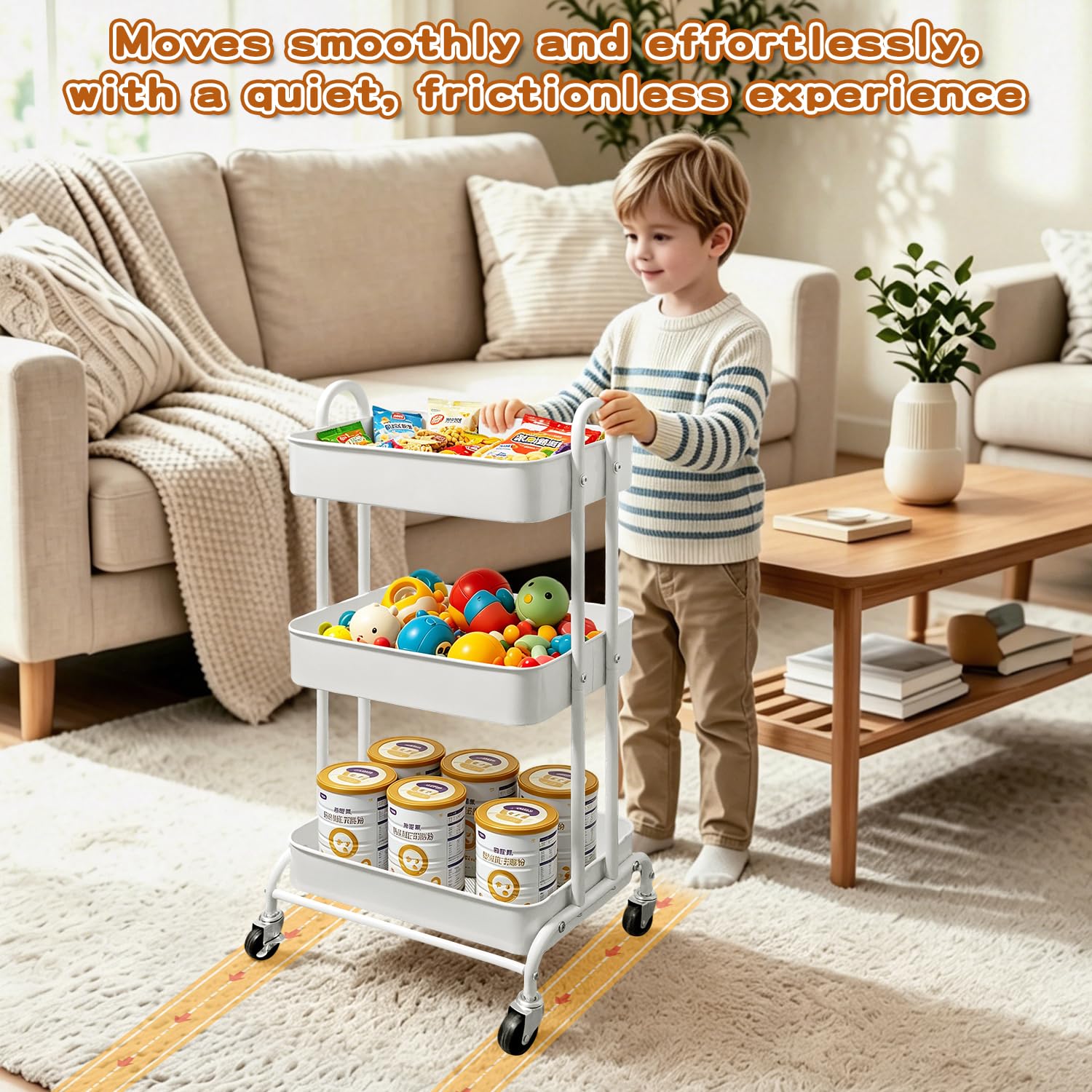 DREI Stockwerke Rollwagen Metall mit Rad, Weiß Geräuschlos Bastelwagen für Kinder mit Hängende Becherhalter und Namensschilder, für Küche, Badezimmer, Kinderzimmer, Büro, Kosmetiksalon