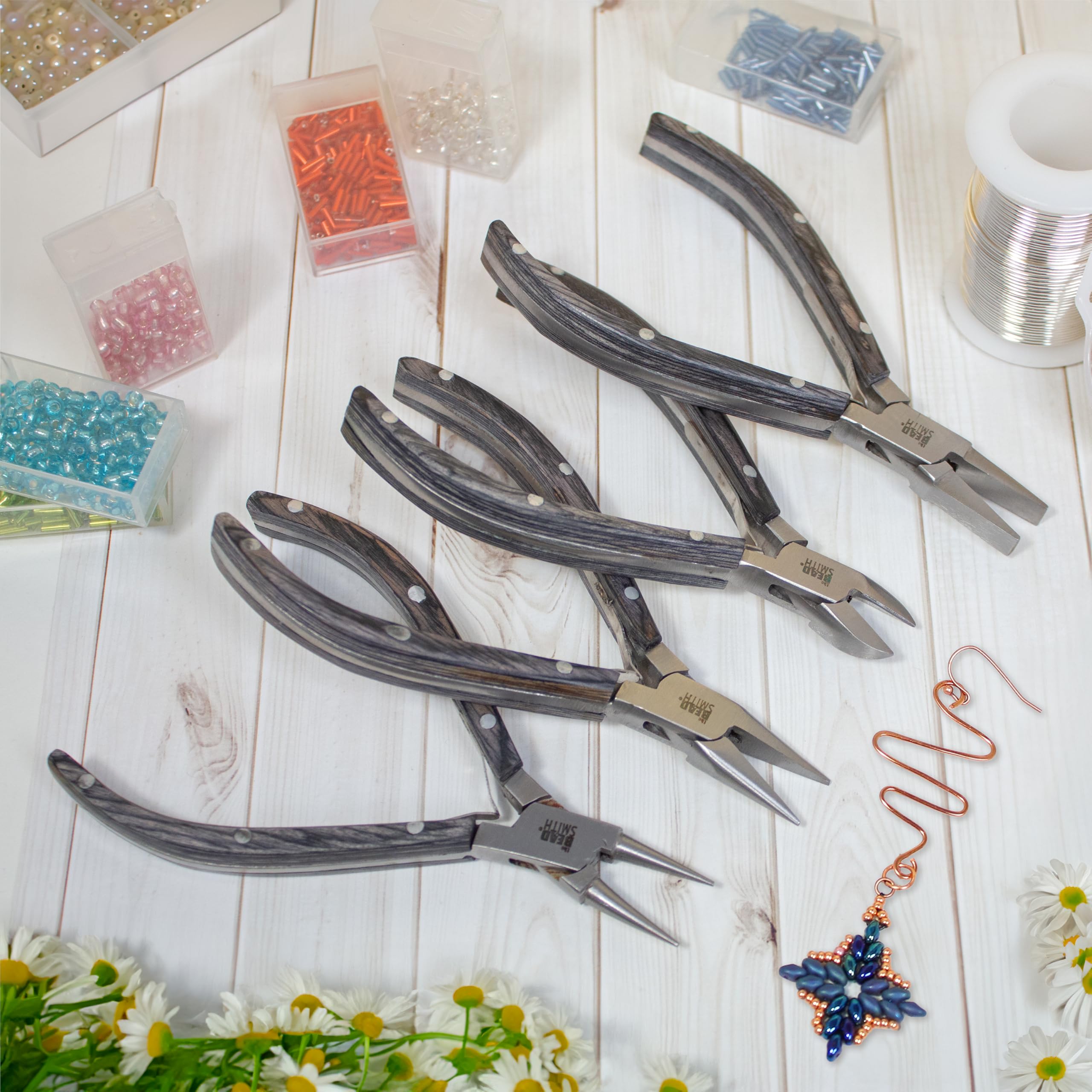 The Beadsmith Natural Elements - Set di 4 pinze per la creazione di gioielli, con naso a catena, naso rotondo, naso piatto, taglierina laterale e custodia per il trasporto in tela