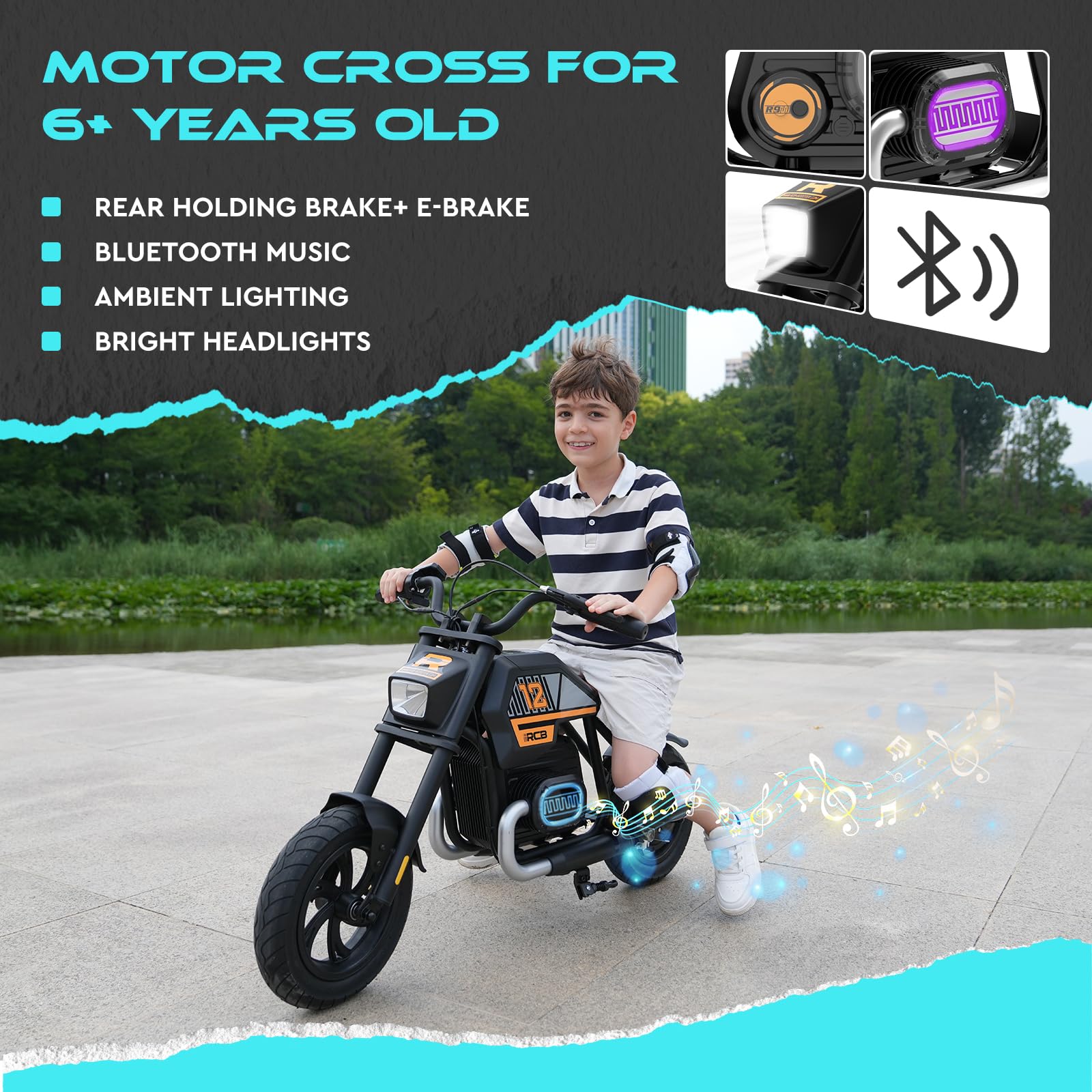 RCB R9 Kinder-Elektromotorrad, Elektro Motorrad mit Lautsprecher, 10/15/25KMH&15KM Reichweite, Stimmungsbeleuchtung, 12-Zoll-Luftreifen für Kinder 6+ Jahren