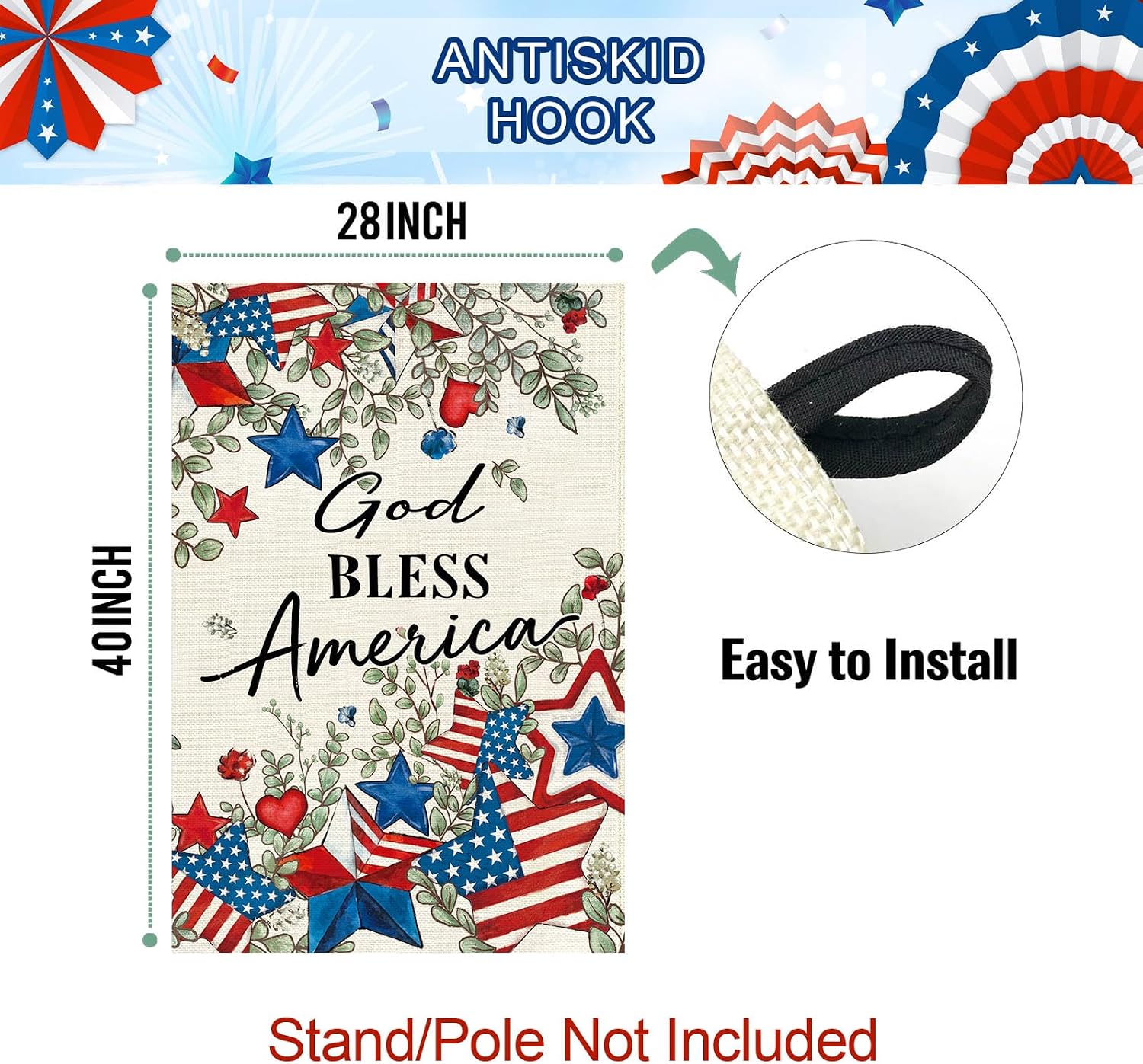 Baccessor Patriotic House Flag 28 X 40 Inch, Double Sided Burlap 4th of July Memorial Day Stars Floral Welcome Large Yard Flag for Porch Patio Seasonal Holiday Outdoor Outside Decor