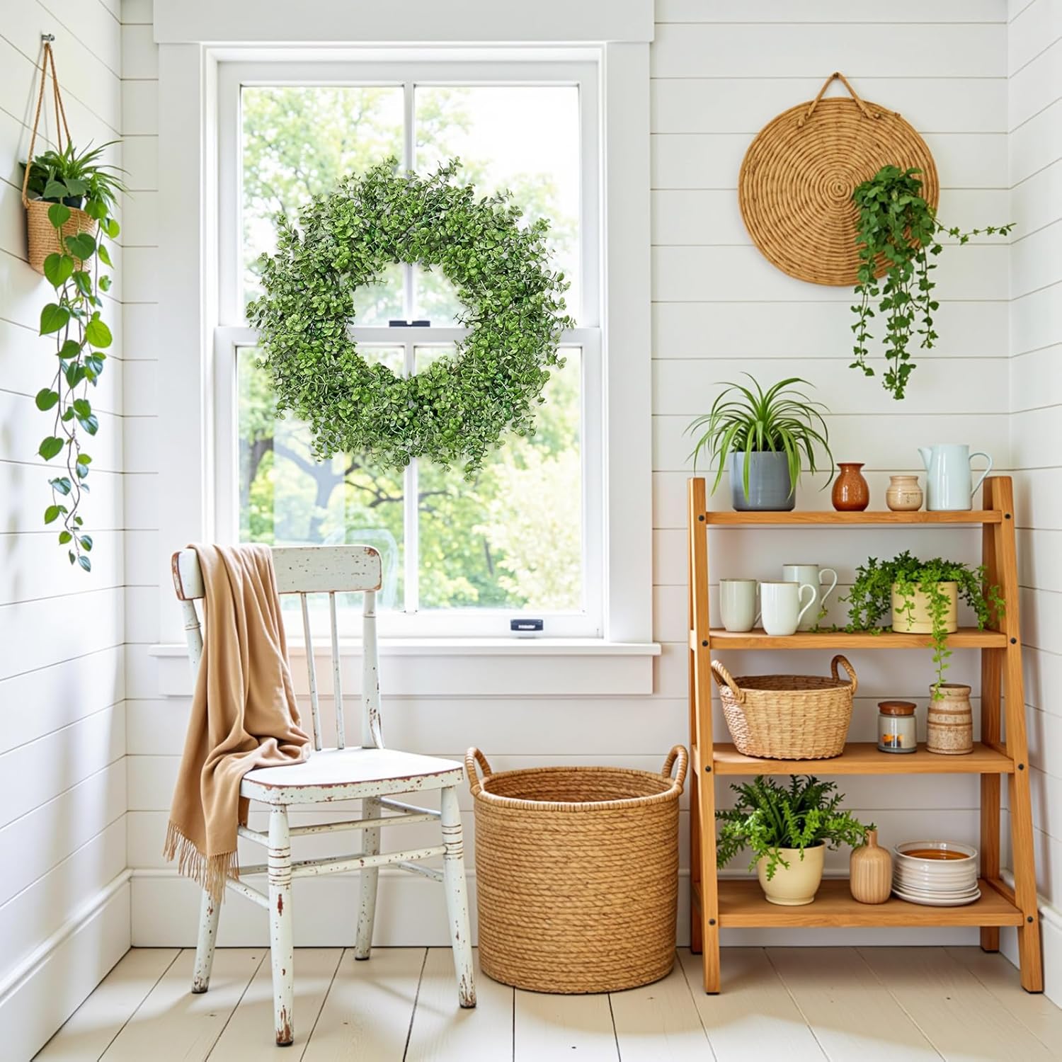 Dremisland Artificial Boxwood Wreaths for Front Door 22 Inch Large Boxwood Leaves Wreaths Greenery Outdoor Wreath for Farmhouse Wall Hanging Window Party Indoor Outdoor Spring Summer Fall All Seasons