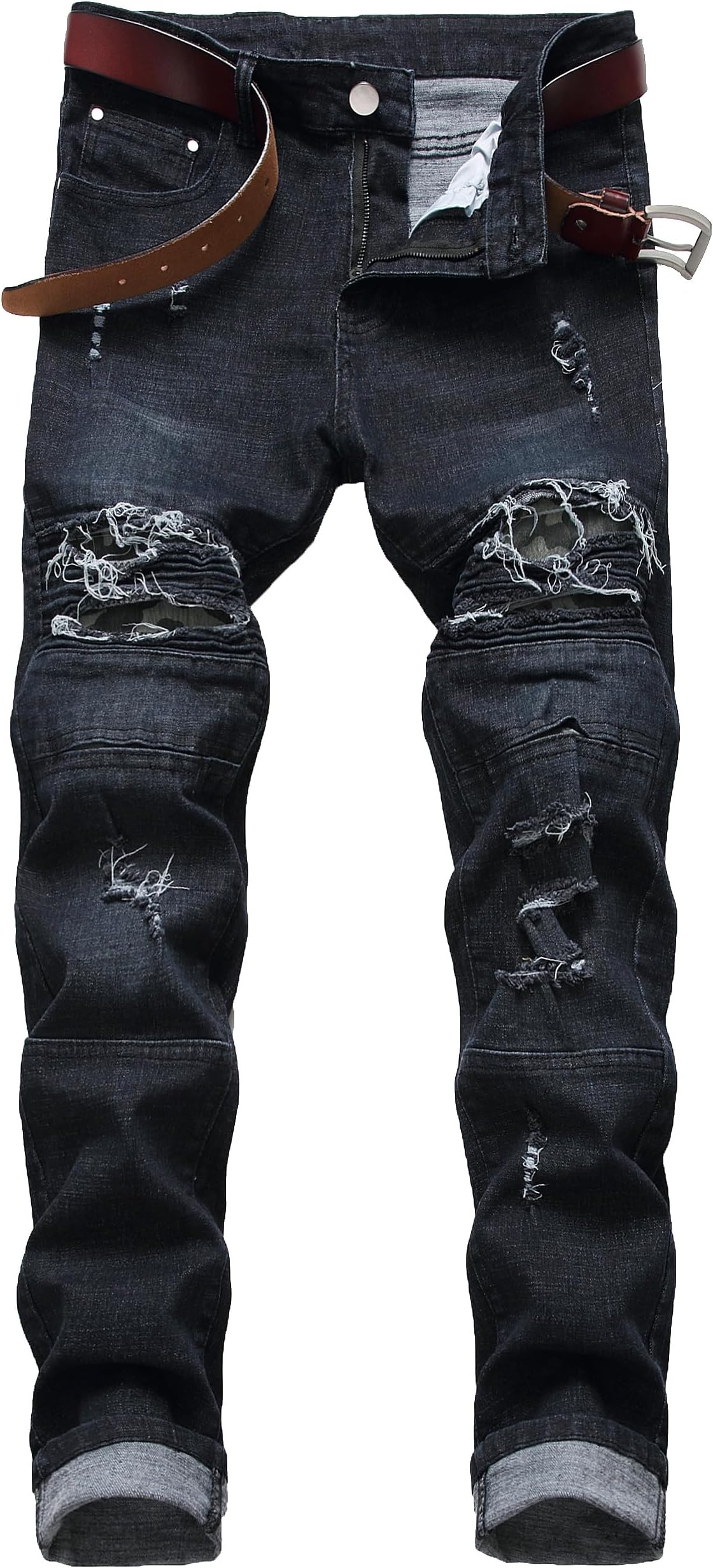 Men's Stretch Ripped Slim Straight Fit Moto Biker Jeans with Zipper Deco