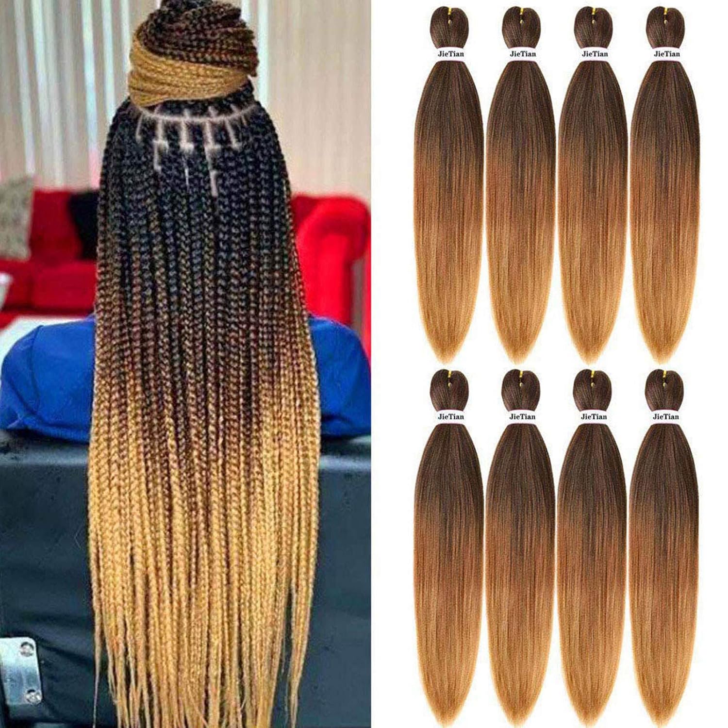 Liang Dian Pre Stretched Braiding Hair Ombre 30 Inch 8 Packs Synthetic Crochet Braids Hot Water Setting Professional Soft Yaki Texture Synthetic Hair Extensions(1B/30/27) 30 Inch (Pack of 8) 1B/30/27(Omber Brown to Golden Blonde)