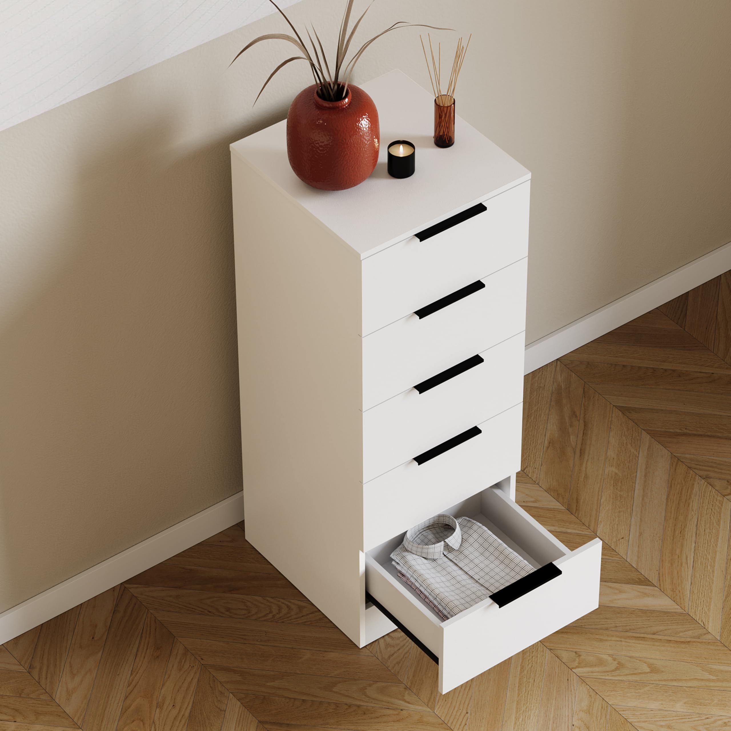 Vida Designs Trega - Cassettiera stretta con 5 cassetti, colore bianco, sottile, salvaspazio, per camera da letto, 90 x 34,5 x 36 cm (altezza x larghezza x profondità), supporto anti-piegamento