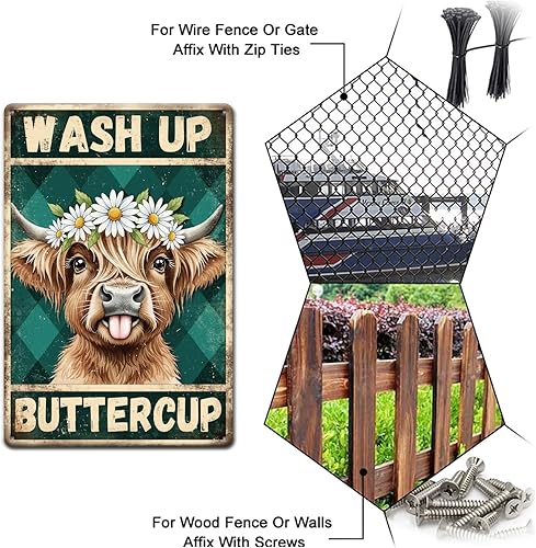 Miniatura 4 de GLOBLELAND Cartel de metal de 12 x 8 pulgadas con diseño de ganado de las tierras altas, diseño vintage "Wash Up Buttercup" de margaritas, letreros