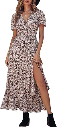 PRETTYGARDEN Women's Summer Maxi Dress Casual Wrap Floral Boho Short Sleeve V Neck Split Ruffle Beach Long Dresses