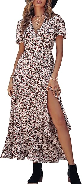PRETTYGARDEN Women's Summer Maxi Dress Casual Wrap Floral Boho Short Sleeve V Neck Split Ruffle Beach Long Dresses