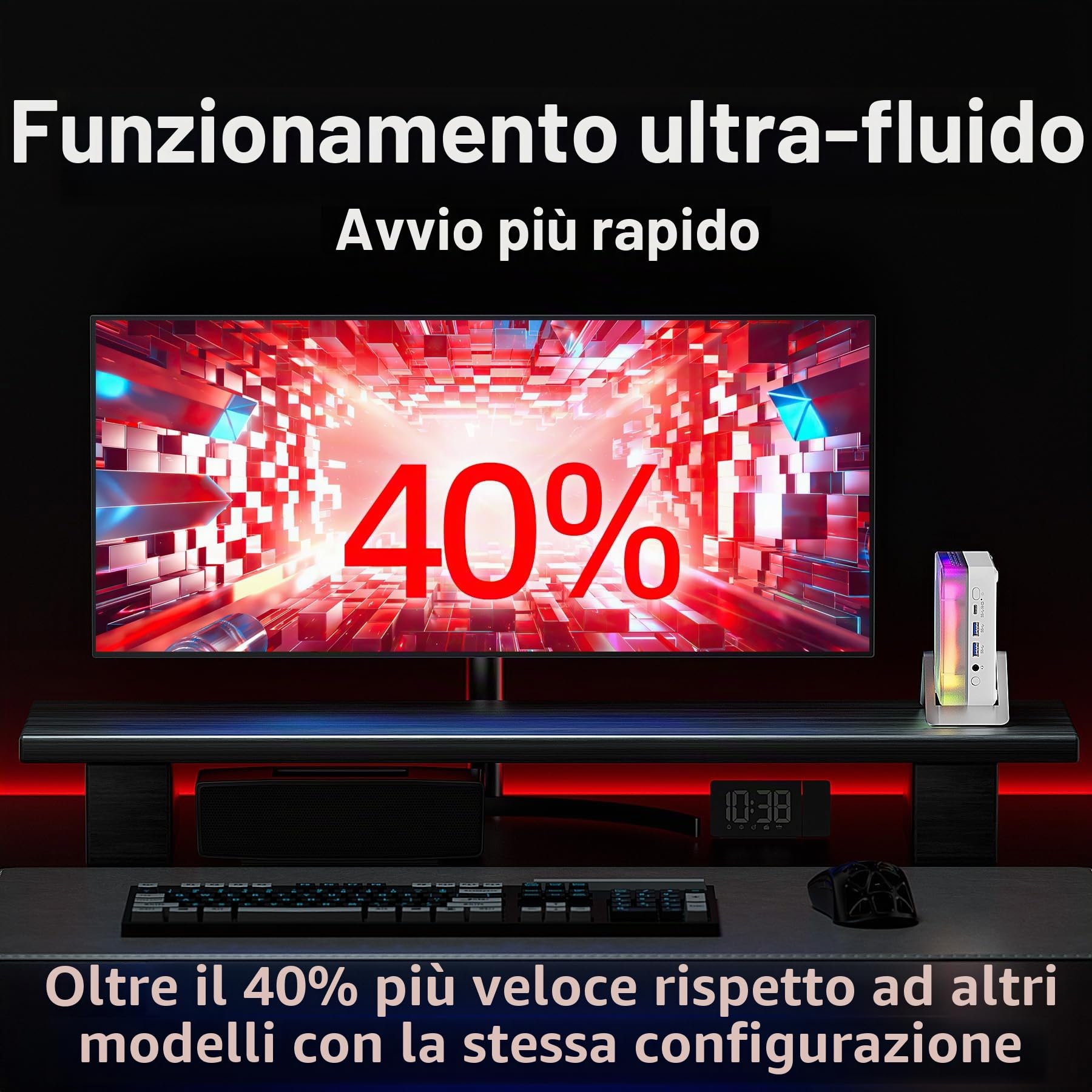 Mini PC Ryzen 7 H 255 (8/16, 3,8-4,9 GHz), Radeon 780M, 16 GB DDR5 a 5600 MHz, SSD PCIe 4.0 da 512 GB, WLAN 6, BT 5.2, 2 porte LAN 2,5G/USB4 (4K a 60 Hz),Ideale per l'ufficio e il tempo libero