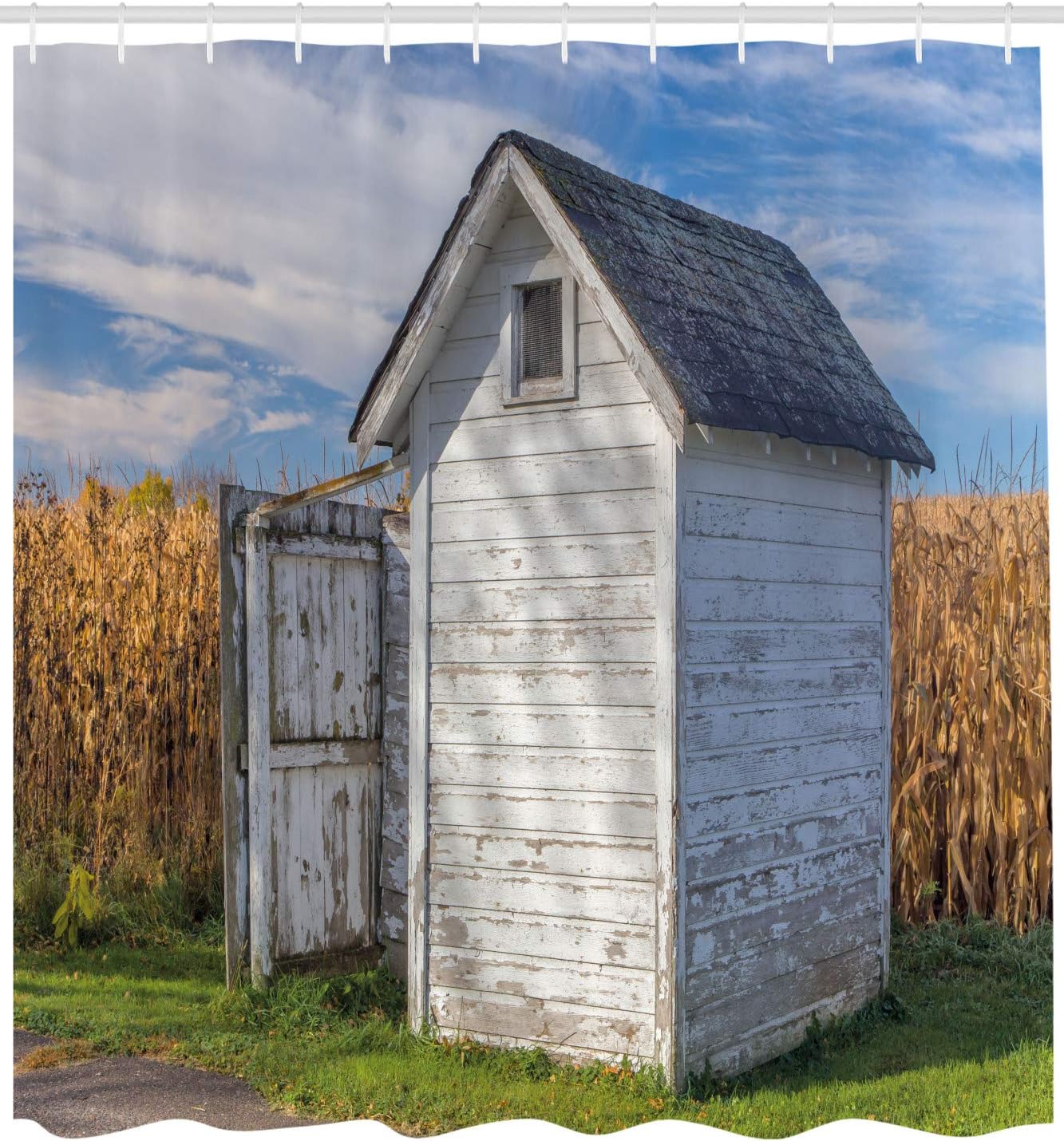 Ambesonne Outhouse Shower Curtain, Country Farm Life Cottage Wheat and Grass Under Sky Image, Cloth Fabric Bathroom Decor Set with Hooks, 69" W x 84" L, Marigold White