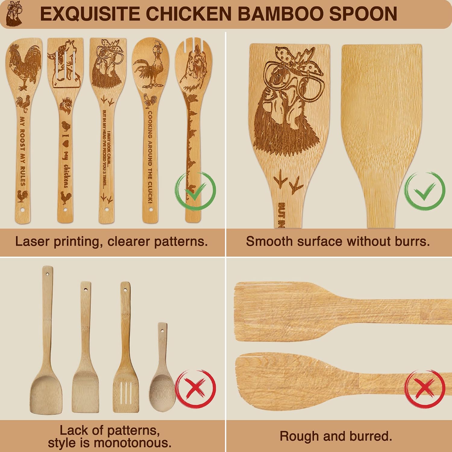 Chicken Decor Bamboo Wooden Spoons for Cooking, Funny Rooster Chicken Kitchen Utensil Set for Home Kitchen Decor for Housewarming and Wedding Gift for Women Men