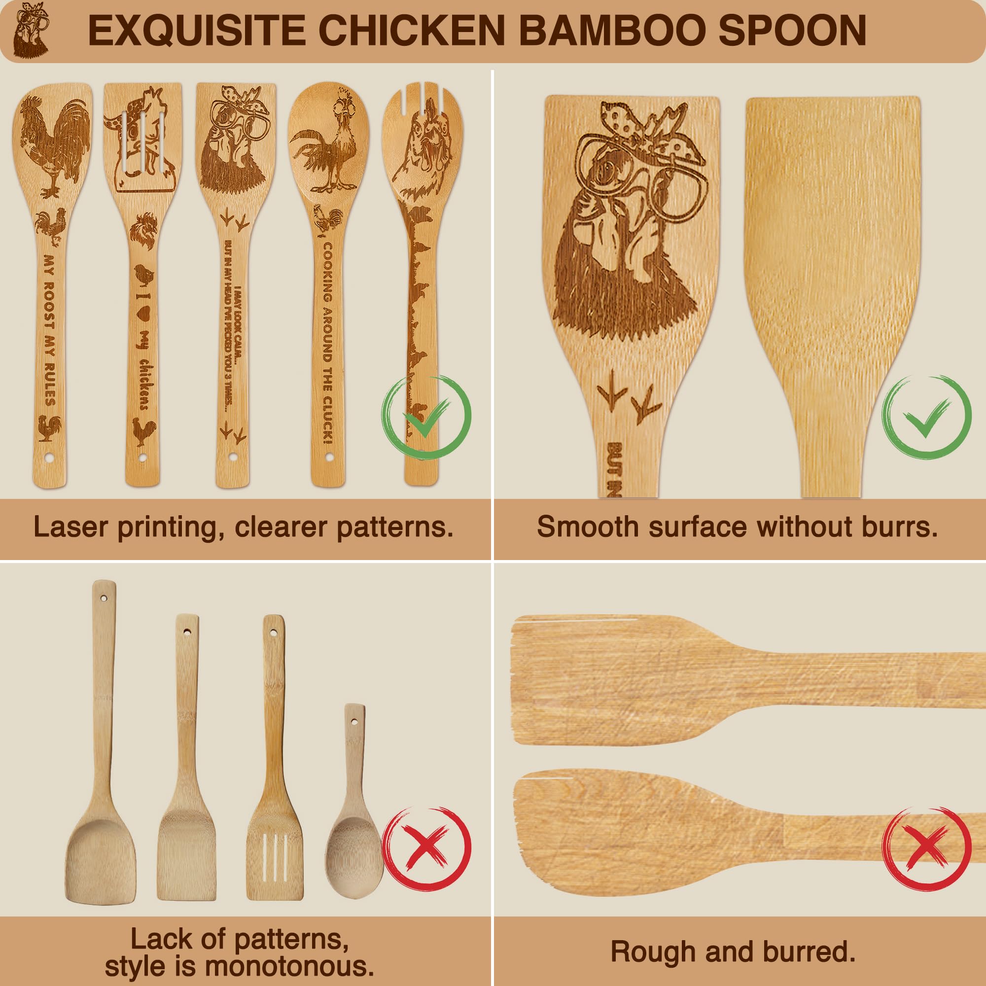 Juego de 6 cucharas de madera de bambú para cocinar (gallo)