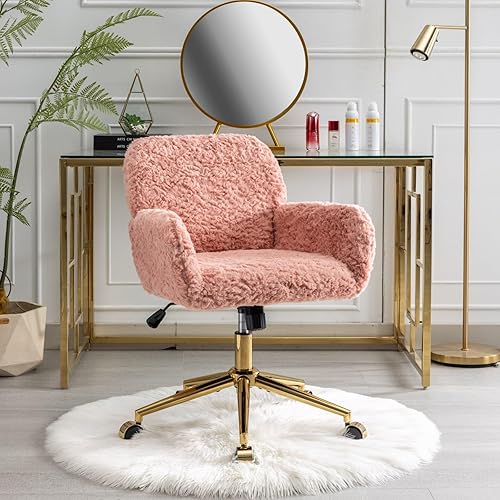 Miniatura 85 de Silla moderna de peluche para oficina en casa, bonita silla de escritorio tapizada con patas de metal dorado, silla giratoria ajustable con ruedas,