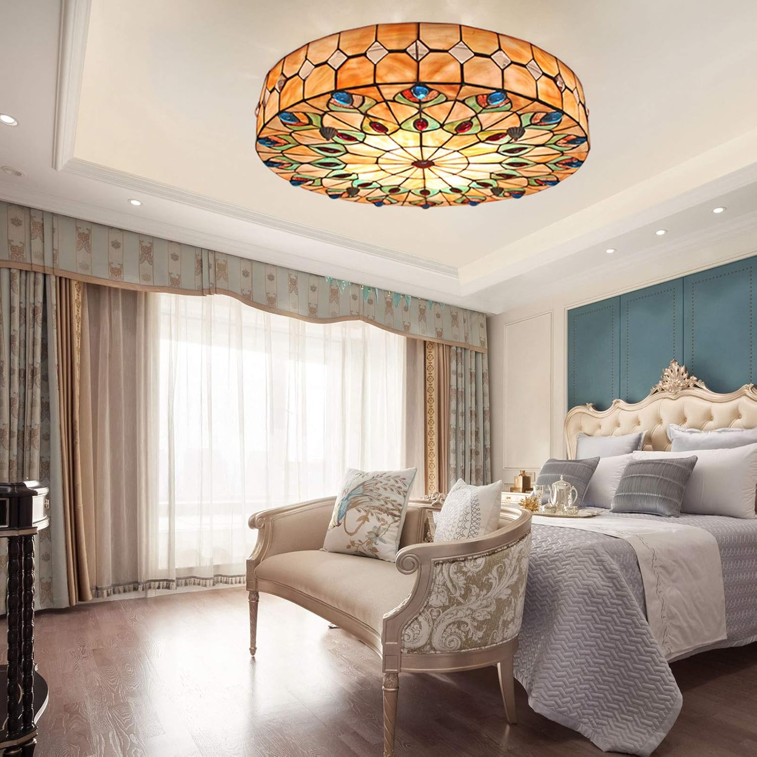 Onе-Dау Sаlе: Uр tо 40% оƒƒ Tiffany Ceiling Lamp,Peacock-Inspired Flush Mount Round Ceiling Light Fixtures, 20-inch Vintage Stained Glass Chandelier with Mother of Pearl,for Living Room/Bedroom/Hallway