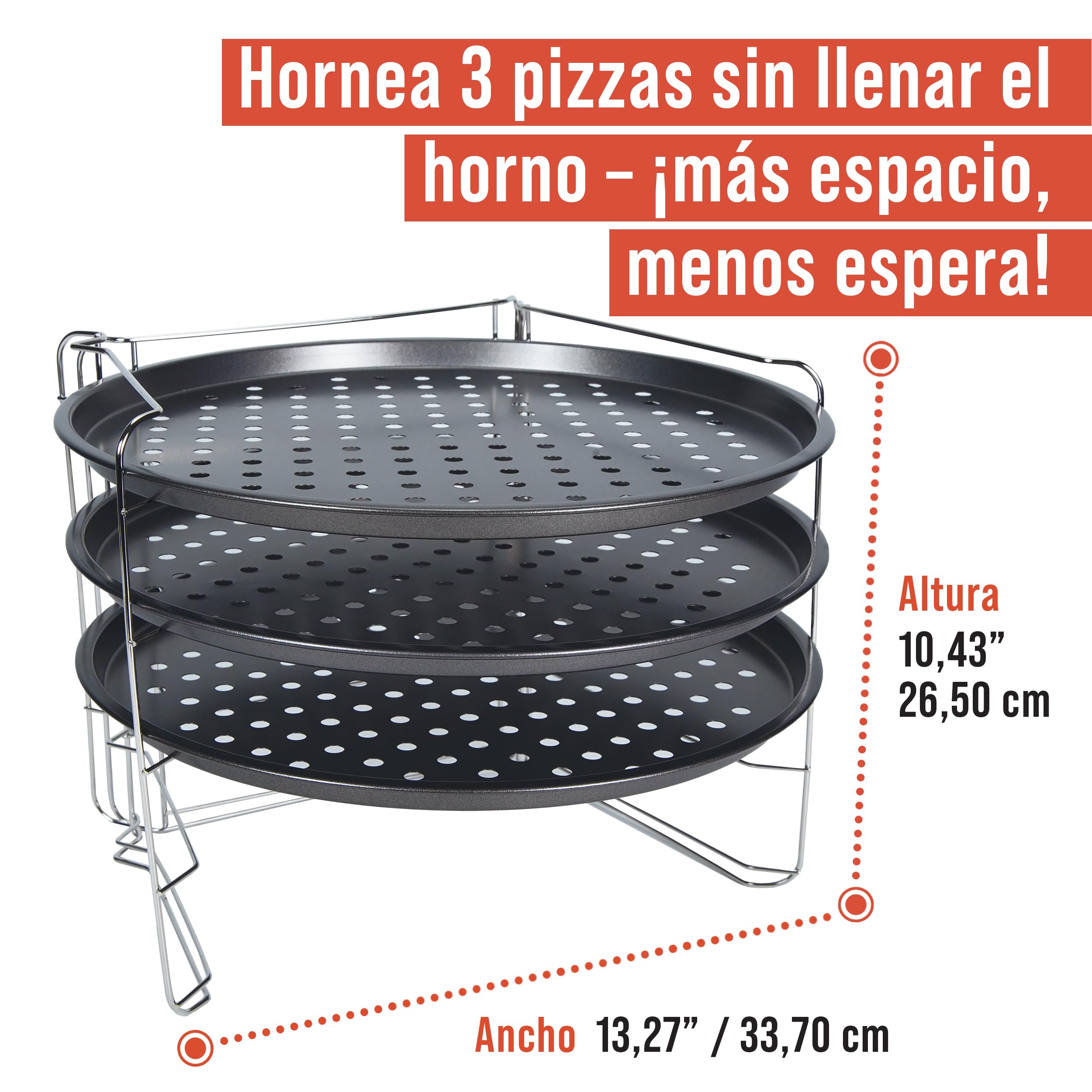 Chef Pomodoro Set Bandejas Horno con 3 Piezas (Bandeja Pizza Horno + Base Pizza + Pan con Soporte), Accesorios de repostería y cocina, Platos para Pizza perforados, antiadherentes y fáciles de usar