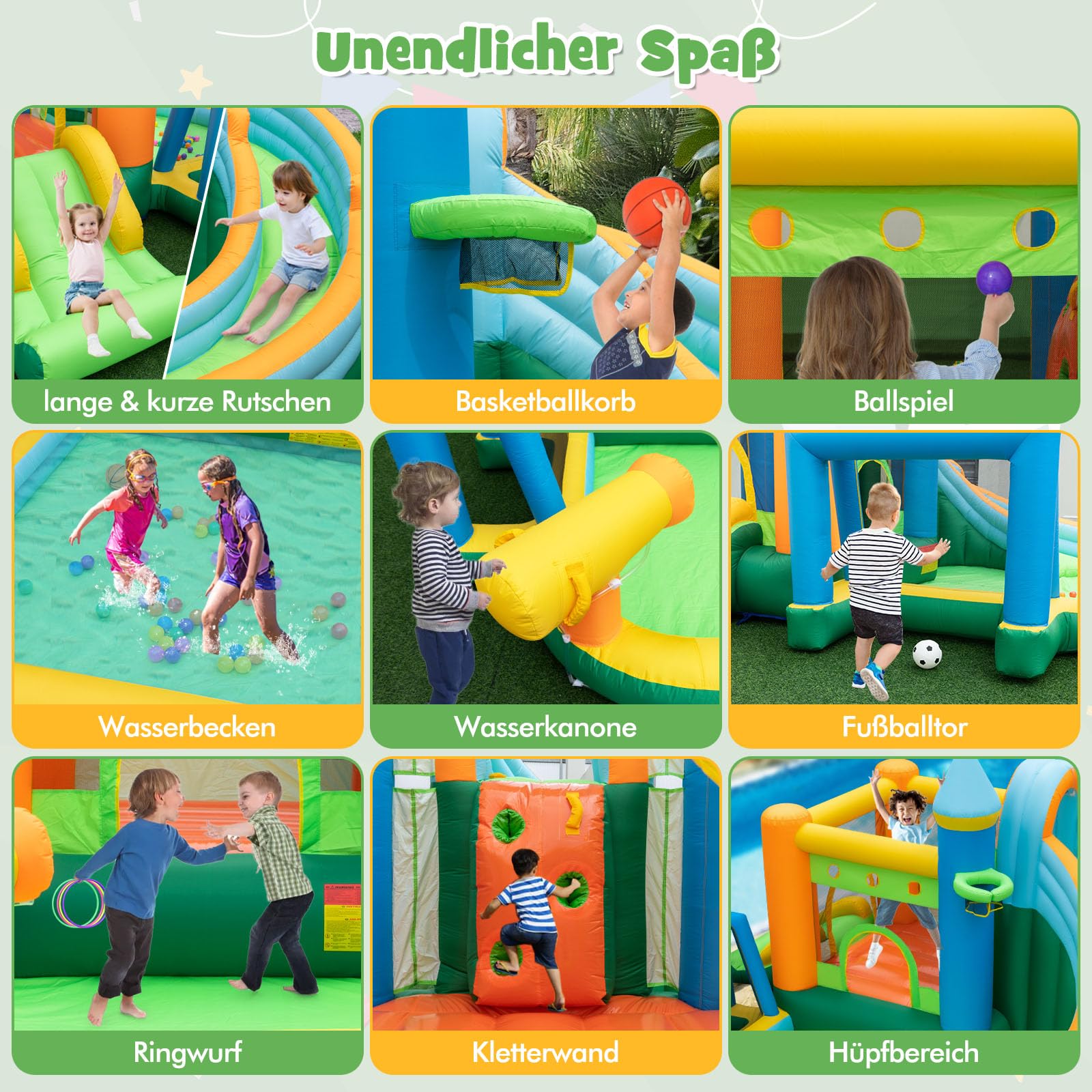 GOPLUS Aufblasbare Hüpfschloss, Kinderhüpfburg mit Trampolin Rutsche Kletterwand Wasserpistole Basketballkorb, Aufblasbare Hüpfburg mit Tragetasche, für Kinder 3-10 Jahren (Fußball, ohne Gebläse)