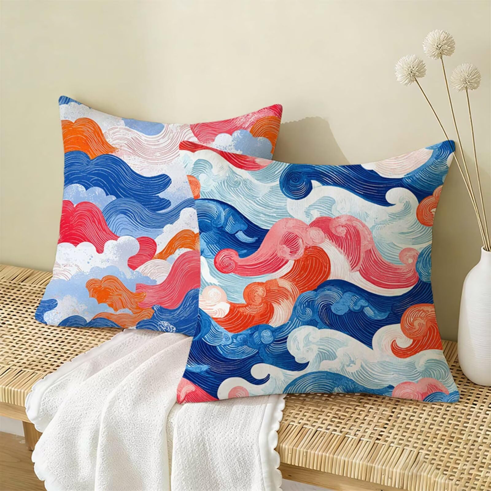 Juego de 2 Funda Cojin 80x80CM Azul, Cuadrada Impermeable Fundas Cojines Ondas Lino Impresión a Doble Cara con Cremallera Oculta, Apto para Todas las Estaciones Funda Almohada para Sofá o Salón X-257