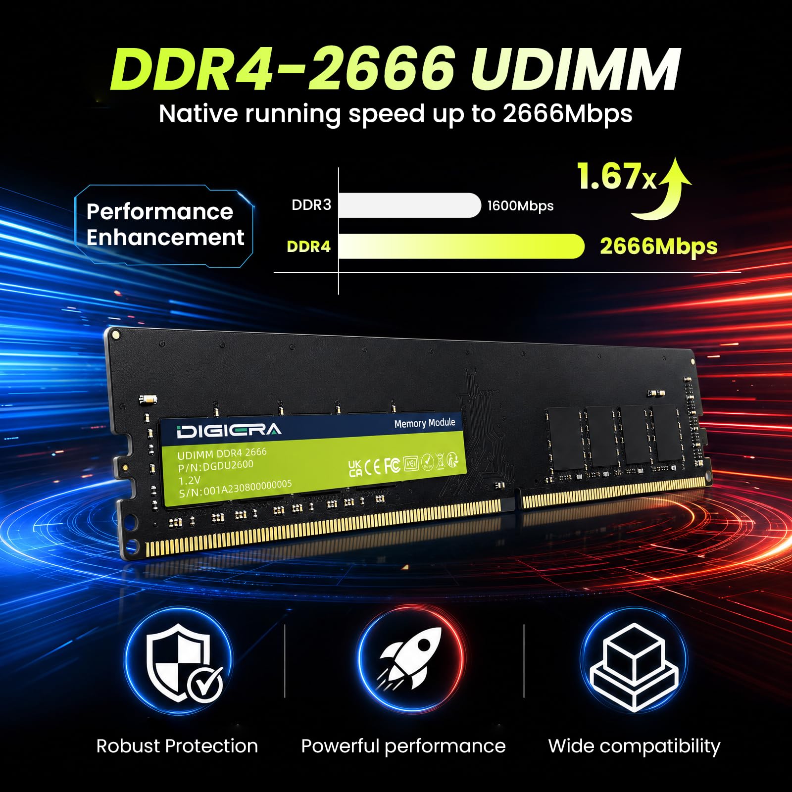 8GB DDR4 2666 MHz DIGIERA DU260 UDIMM Desktop RAM 288-Pin, 1,2 V, CL19, Non-ECC Speichermodul