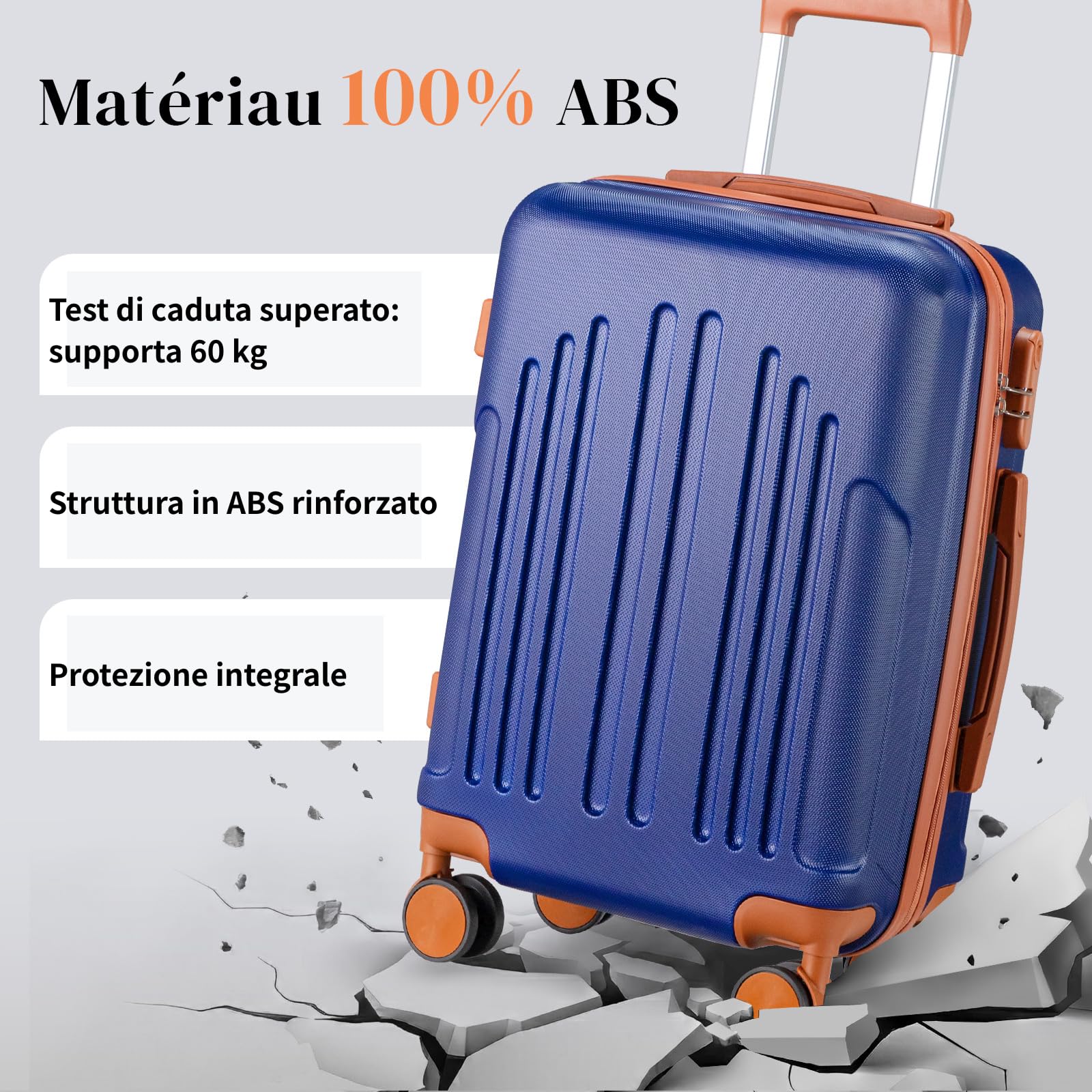 LEADZM Set di Valigie Rigide 4 Pezzi con Beauty Case, Set Valigie in ABS, Luggage Suitcase Grande 23 kg con 4 Ruote Girevoli Doppie (Blu Navy-Marrone)