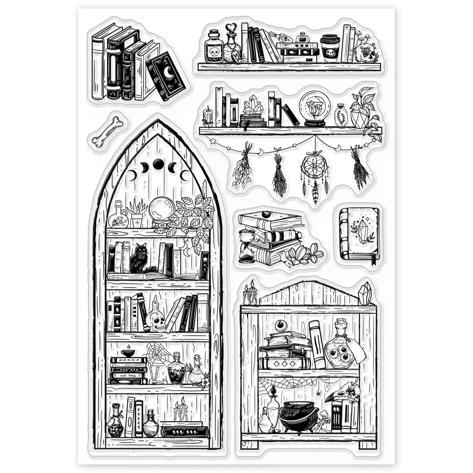 GLOBLELAND Libreria Libri di Stregoneria Timbri Trasparenti per Scrapbooking Fai da Te Tema Letterario Sigilli in Silicone Trasparente