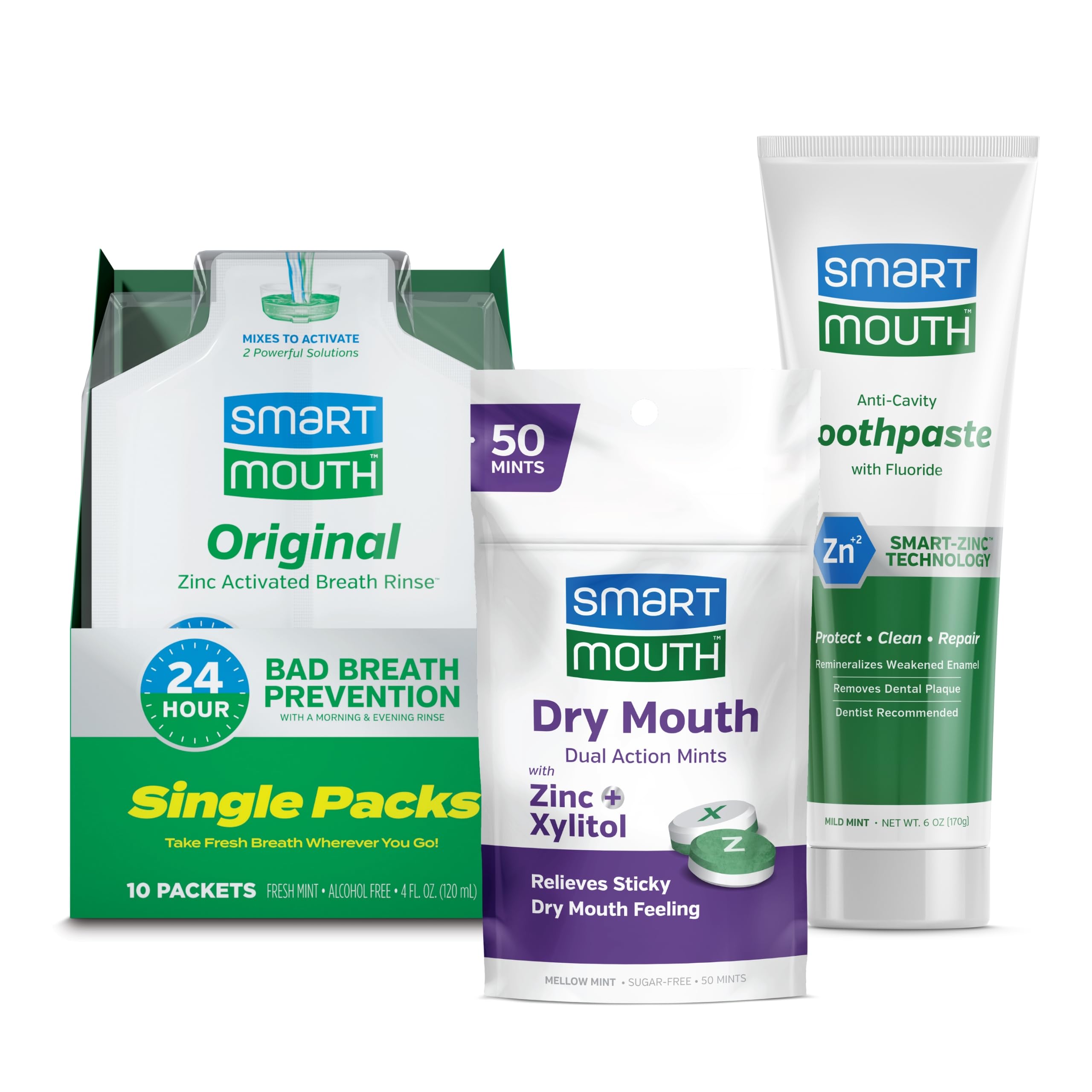 SmartMouth Package with Original Activated Mouthwash - 16 Fl Oz Dry Mouth Oral Rinse - Dual-Action Mints, 50 Count - Premium Zinc Ion Toothpaste