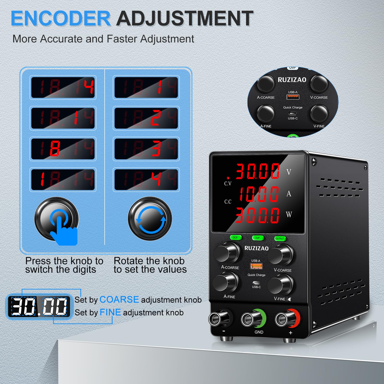 Fuente de Alimentación Regulable: 30V 10A 300W Fuente de Alimentacion DC de Laboratorio Regulada por Conmutación Ajustable con Función OCP & OVP, Botón de Salida, Botón Codificador
