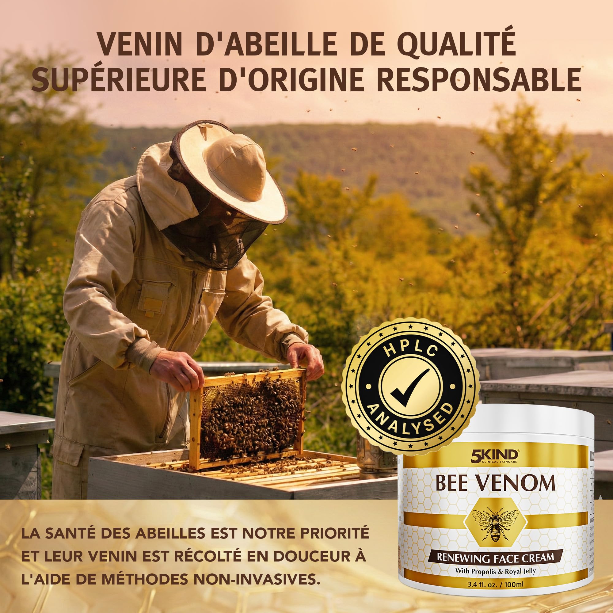 Crème Visage Régénérante au Venin d’Abeille 5Kind avec Propolis & Gelée Royale 100 ml - Crème Anti-Âge au Venin d’Abeille pour Femmes & Hommes - Crème au Venin d’Abeille contre les Rides