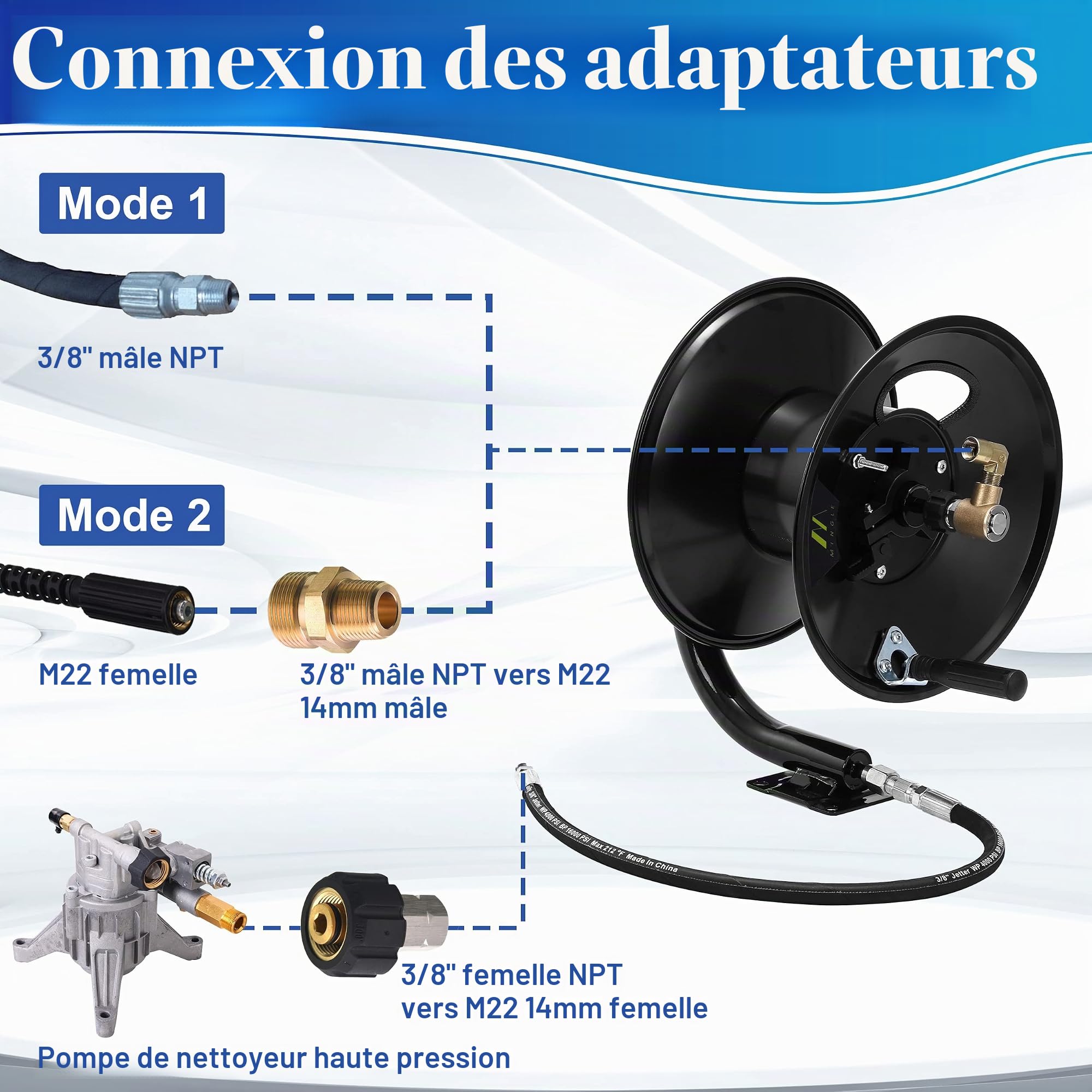 M MINGLE Enrouleur de Tuyau Haute Pression 30m, en Acier Robuste, Manivelle Manuelle avec Bras Pivotant, Sortie NPT 3/8", 280 Bar