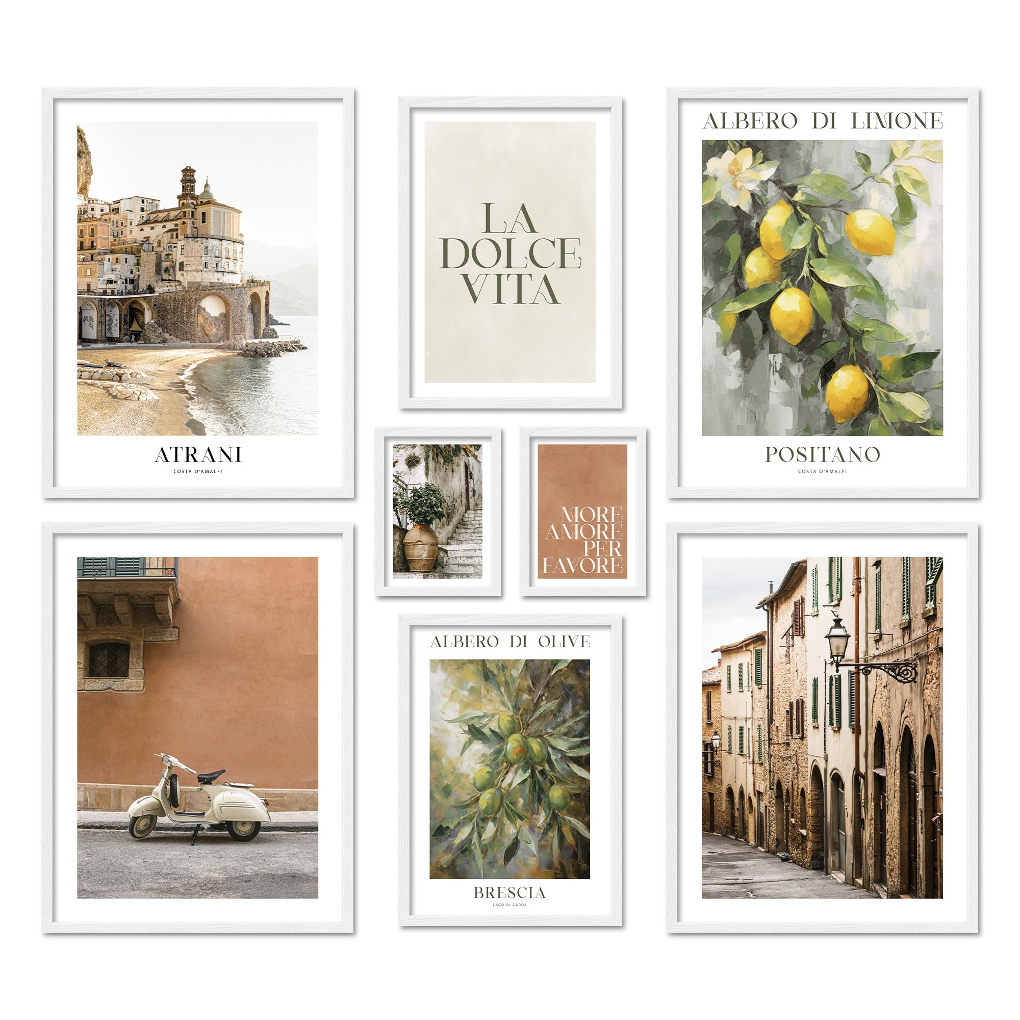 ARTFAVES® Poster Set - LA DOLCE VITA ITALY - mehrteilige Wanddeko Wohnzimmer & Schlafzimmer - 8 moderne Wandbilder Italien, mediterran, Toskana, grün, terrakotta - mit Rahmen Weiss