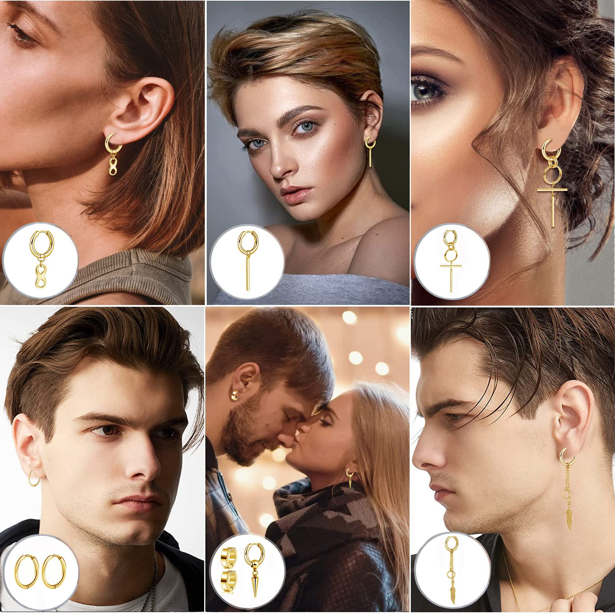 21Pièces Boucles d'Oreilles Créoles Pour Hommes Femmes en Acier Inoxydable Punk Boucles d'Oreille Pendante Croix Plume Zircone Ronde Clous d'Oreilles Cool Chaîne Kpop Boucles d'Oreilles