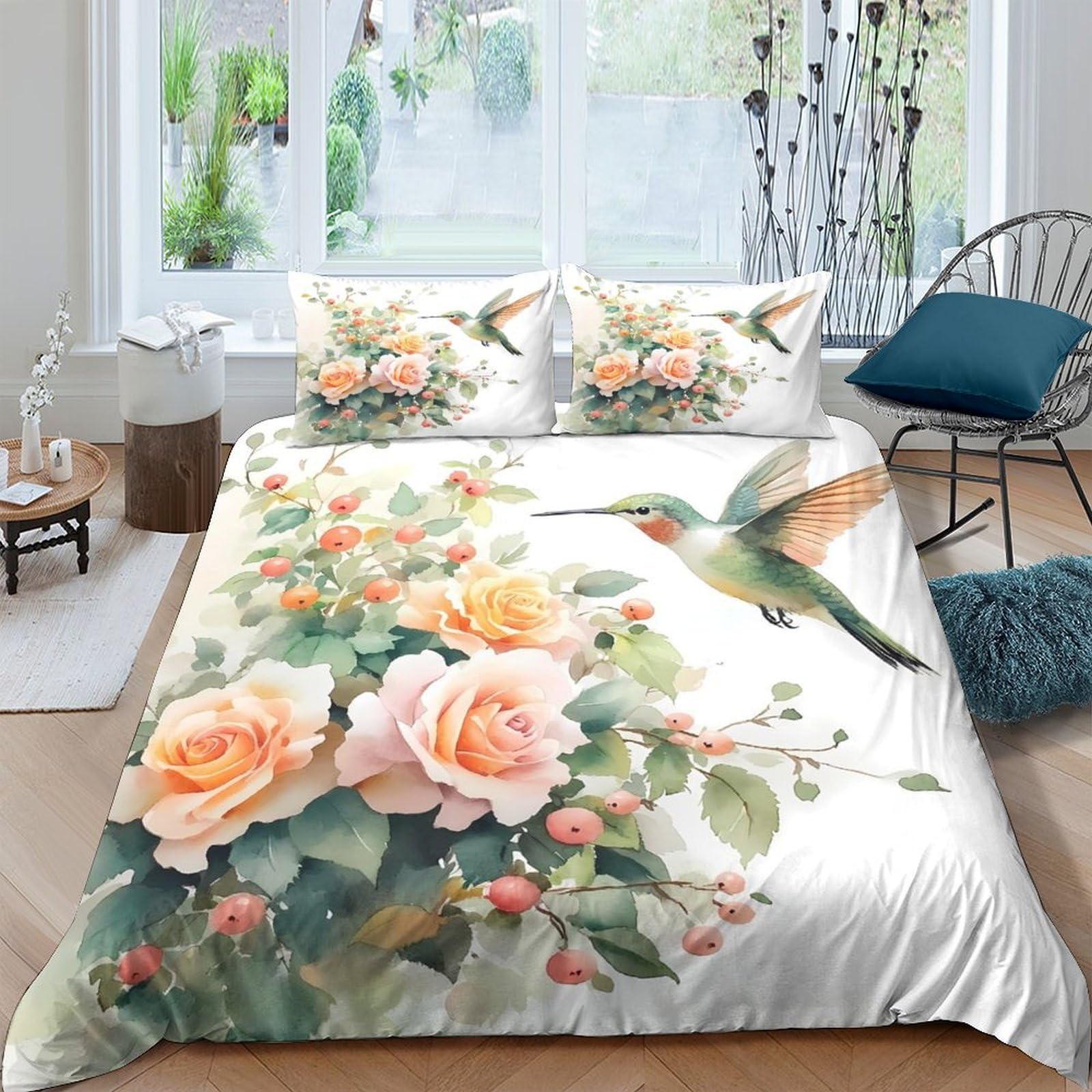 Ctjqhvkz Style-4 3D Printed Hummingbird Floral Fitted Sheet Microfiber Soft Pink Rose Mattress Cover For Bedroom Guest Room Easy Care Single（135X200cm）