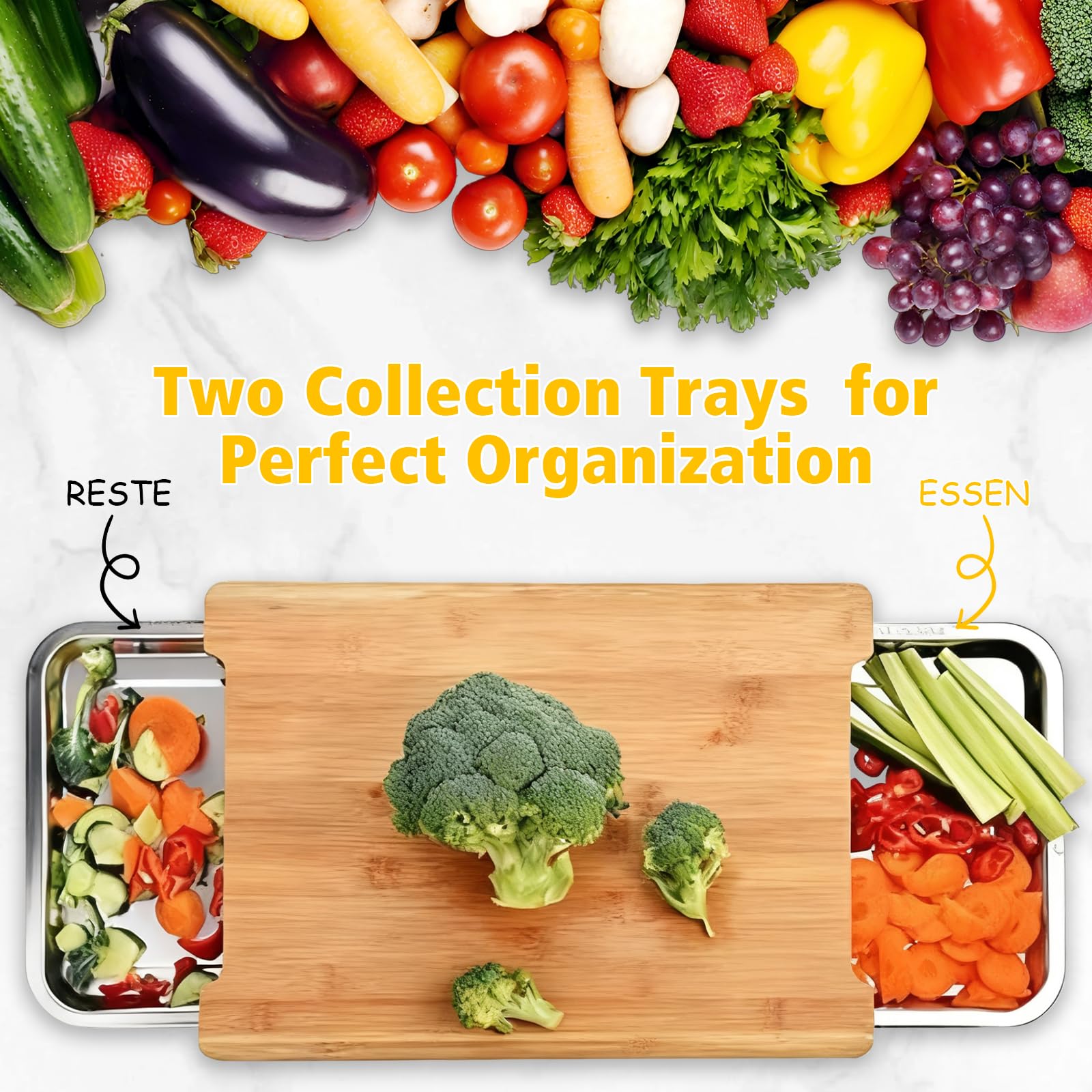 Tabla de cortar de bambú, tabla de cortar de cocina con 2 bandejas deslizantes de acero inoxidable para preparación de alimentos, carne, verduras