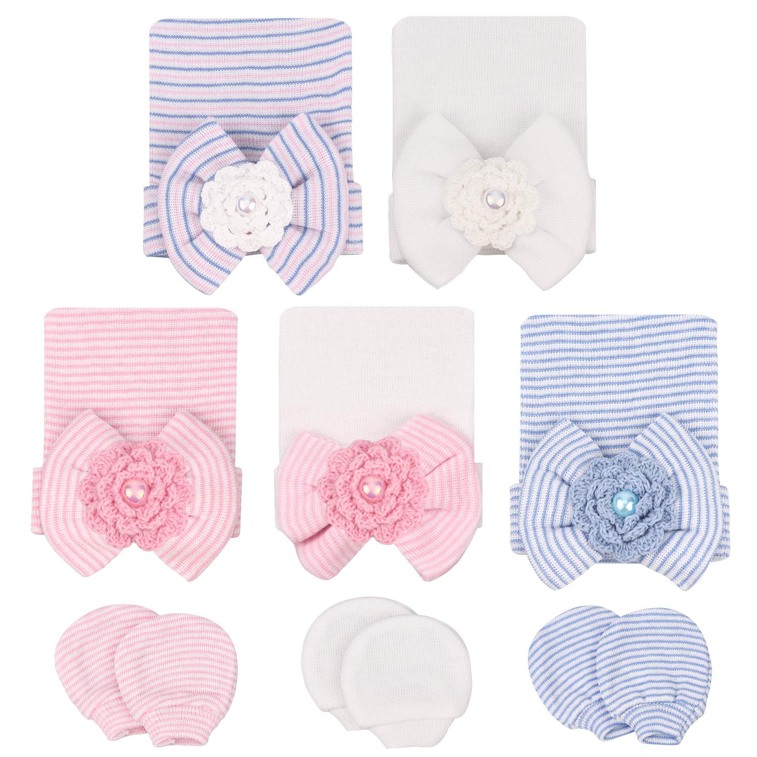 DRESHOW Guanti Neonato Cappellini Neonata Cotone - 3 Paia Guanti per Neonati e 5 Pezzi Berretti per Neonati, Ragazzi, Ragazze, 0-3 Mesi