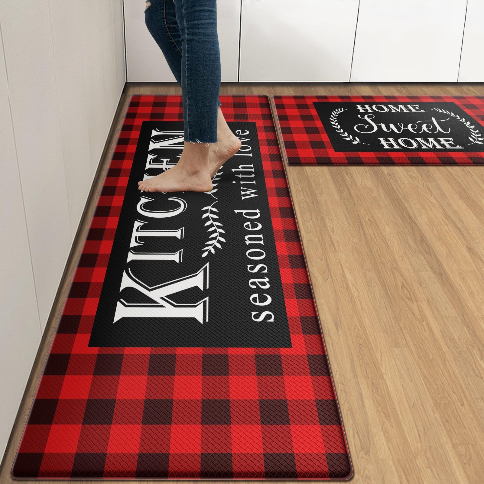 Arttown Black Red Anti-Fatigue Kitchen Rug Set of 2 Buffalo Plaid Cushioned Floor Standing Mat Waterproof Non-Slip Mat and PVC Ergonomic Comfort Foam Rug โ image 1