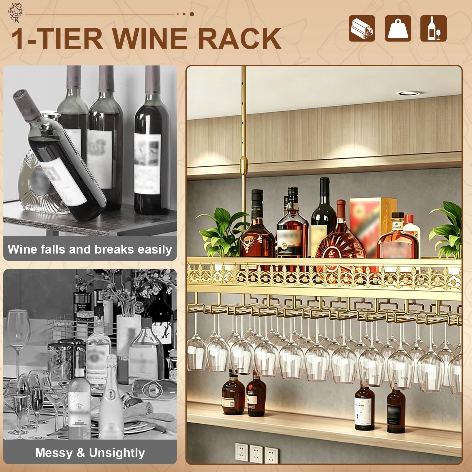 Estante de vino de techo, soporte colgante de metal, altura ajustable, estante de almacenamiento de botellas para sala de estar y cocina, diseño elegante