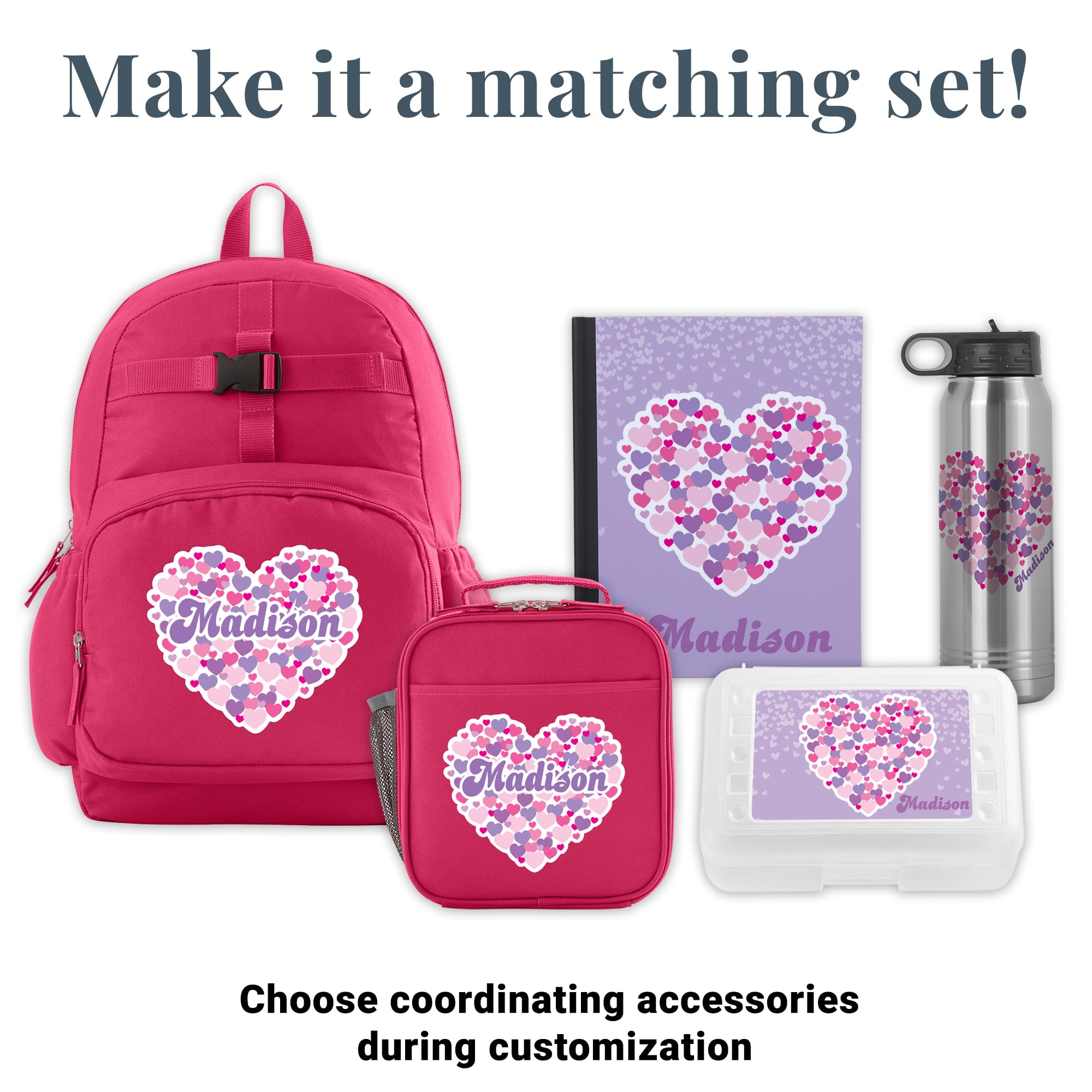 Let's Make Memories Kids Backpack for School - Personalized Back to School Supplies - Bookbag with Lunch Box - Pink - Heart