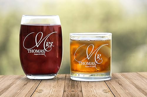 Juego de 2 copas personalizadas para vino y escocés, regalos de boda, copas de vino y escocés personalizadas, cristalería grabada sin vapor