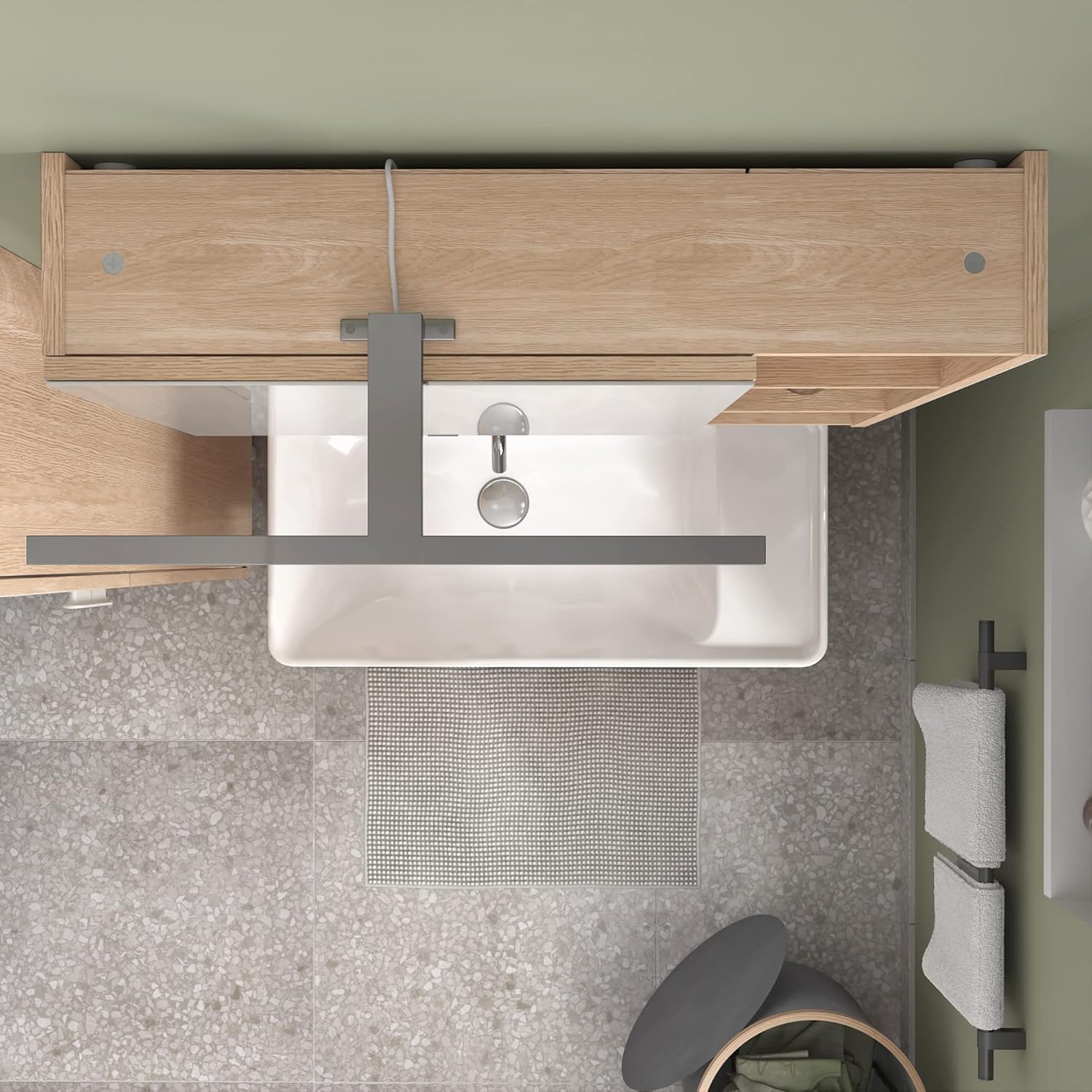 Ti luhur ka handap view of the SENSEA EASY mirror cabinet installed above a sink, showing space for an external lighting fixture.