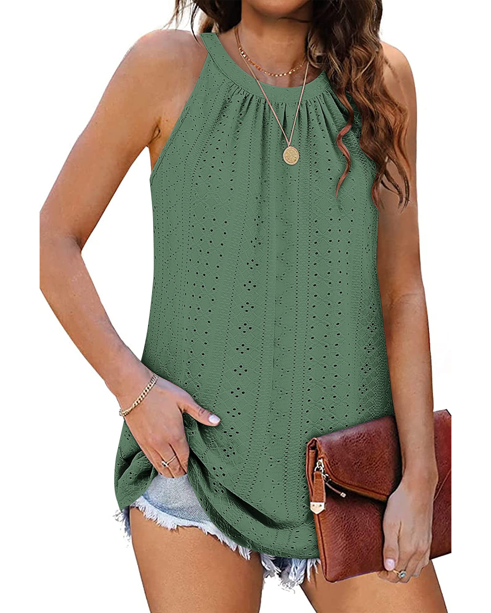 WNEEDU Women's Summer Halter Tank Tops Eyelet Sleeveless Round Neck Hollow Tank Camisole 2025 New T-Shirt
