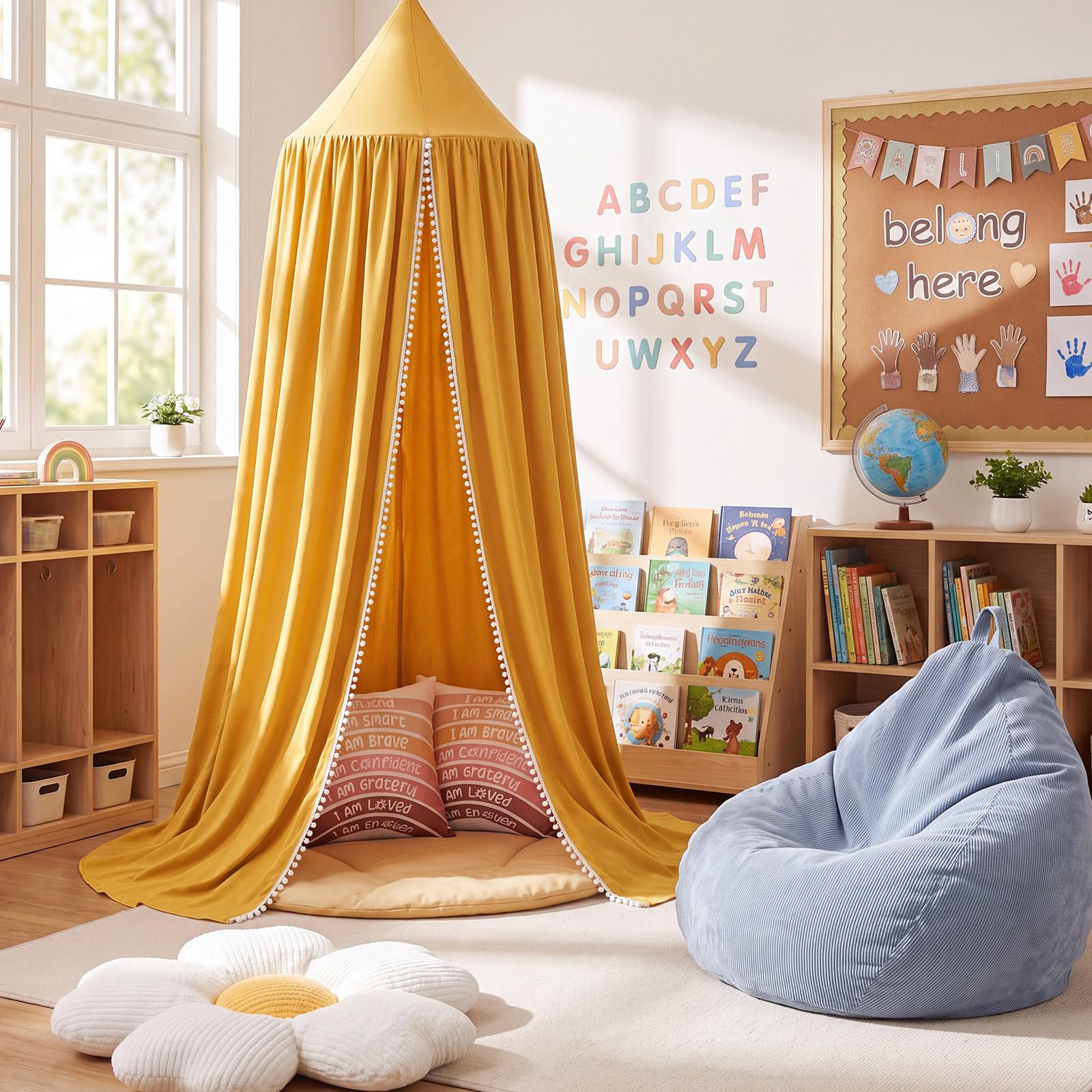 Kids Reading Nook Set with Canopy Tent, Bean Bag Cover &amp; Pillow,Yellow