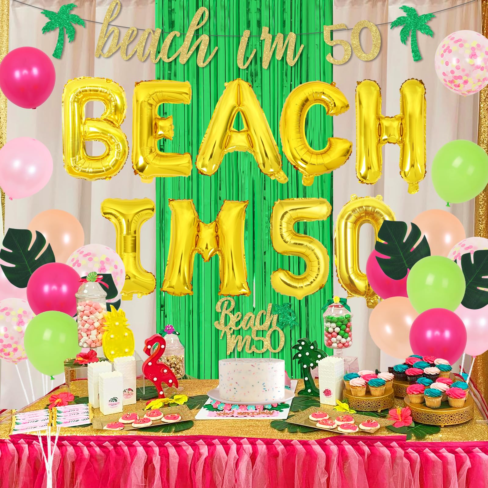 Beach I'm 50 Birthday Decorations, Summer Tropical Aloha 50th Birthday Party Supplies for Fifty Years Old Men or Women with Balloons Banner Cake Topper Fringe Curtain Leaf Props : Toys &