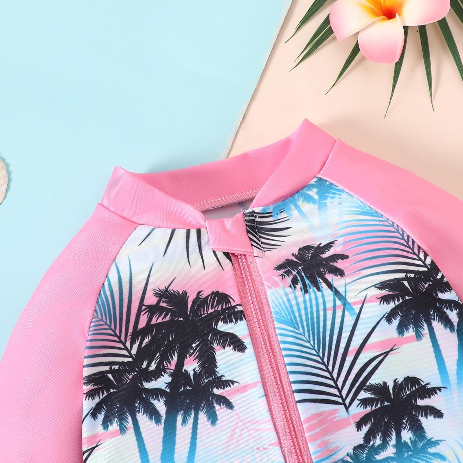 Generisch Bañador para niña con mangas largas, diseño tropical, protector solar, traje de baño para niños pequeños y niños