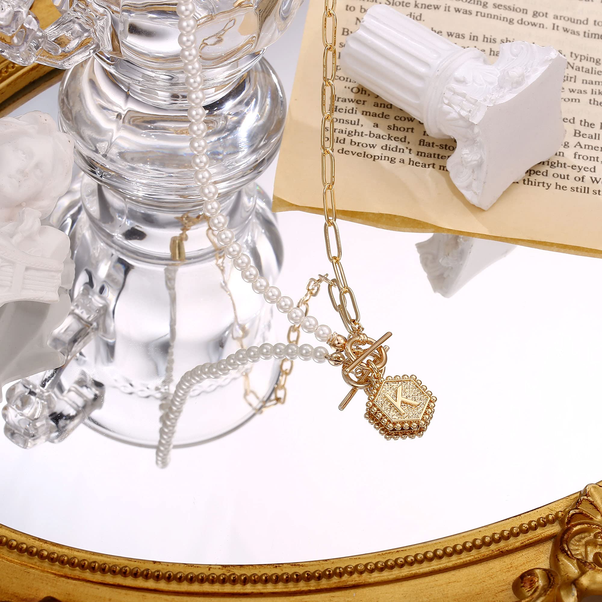 Dainty Gold Pearl Initial Necklaces for Women, 14k Gold Plated Letter Initial Necklaces for Women Trendy Dainty Paperclip Chain Toggle Clasp Hexagon Pendant Pearl Choker Necklace for Women Jewelry Gifts