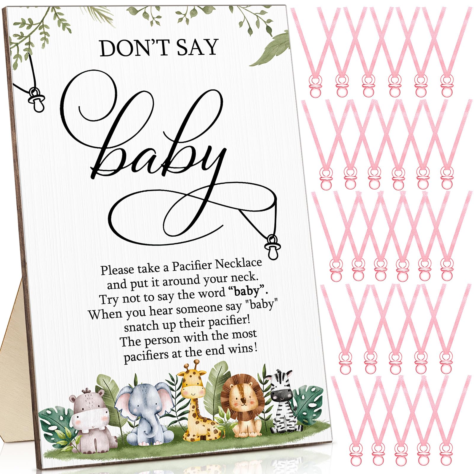 Geetery 51 Pcs Don't Say Baby Game Sign Cool Baby Shower Game 50 Pacifier Necklace Wooden Don't Say Sign Plastic Pacifier Party Favor for Gender