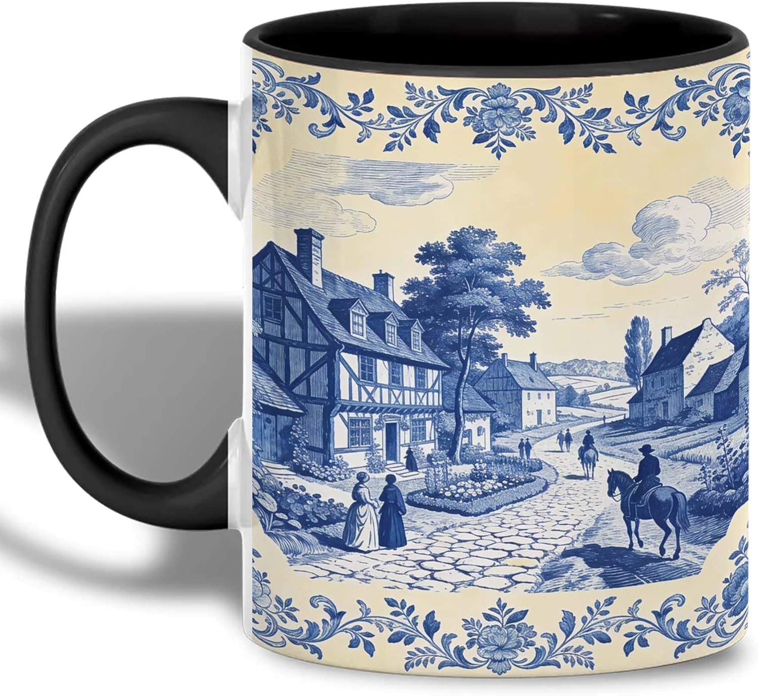 Blue Toile de Jouy French Countryside Ceramic Mug 11oz - Vintage Pastoral Village Artwork Coffee Cup - Daily Morning or Tea Use - Classic Blue Illustration - Gift for Art Lovers, Cottage